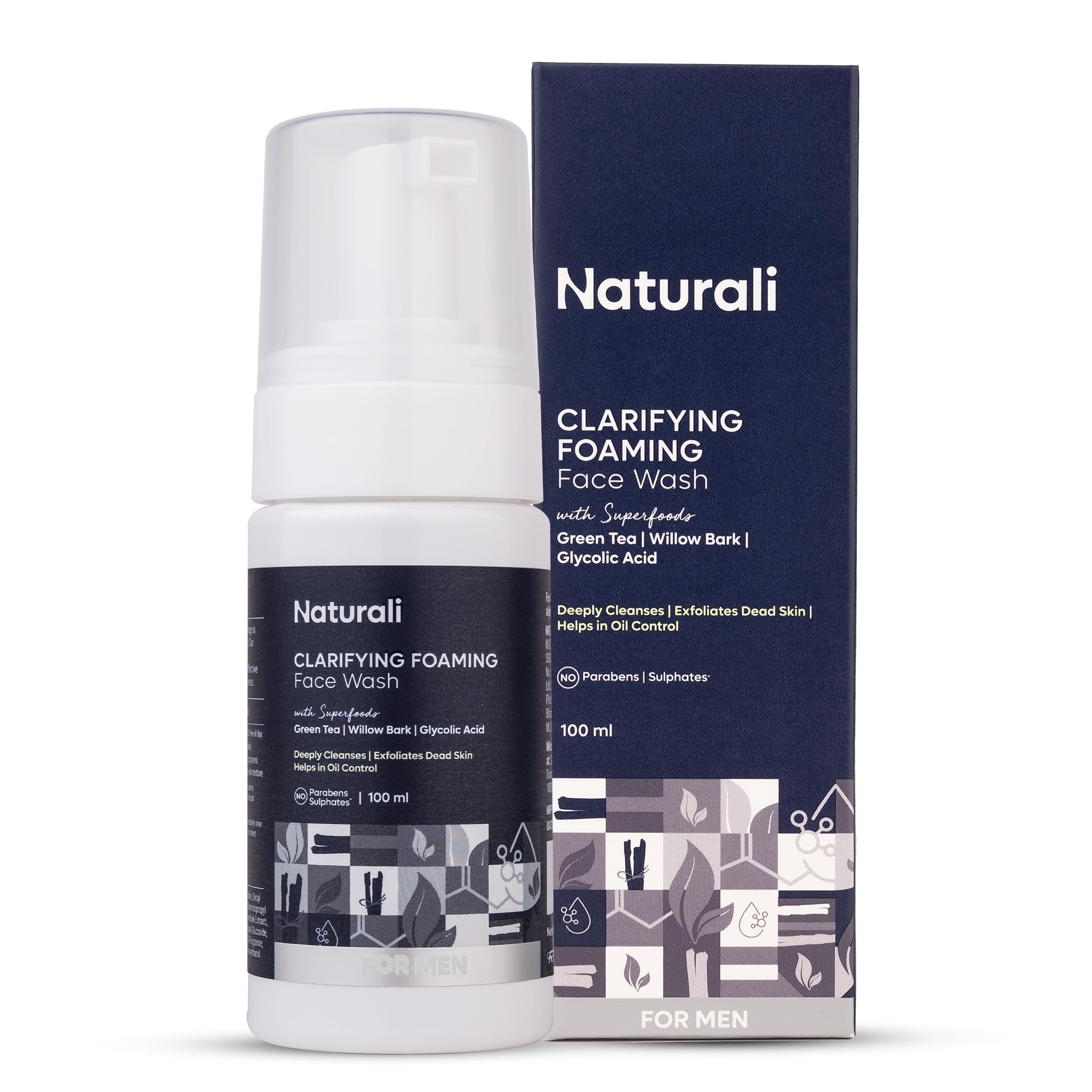Naturali Clarifying Foaming Face Wash | With Willow Bark, Green Tea & Glycolic Acid | Cleanses Skin Under The Beard | Gently Exf