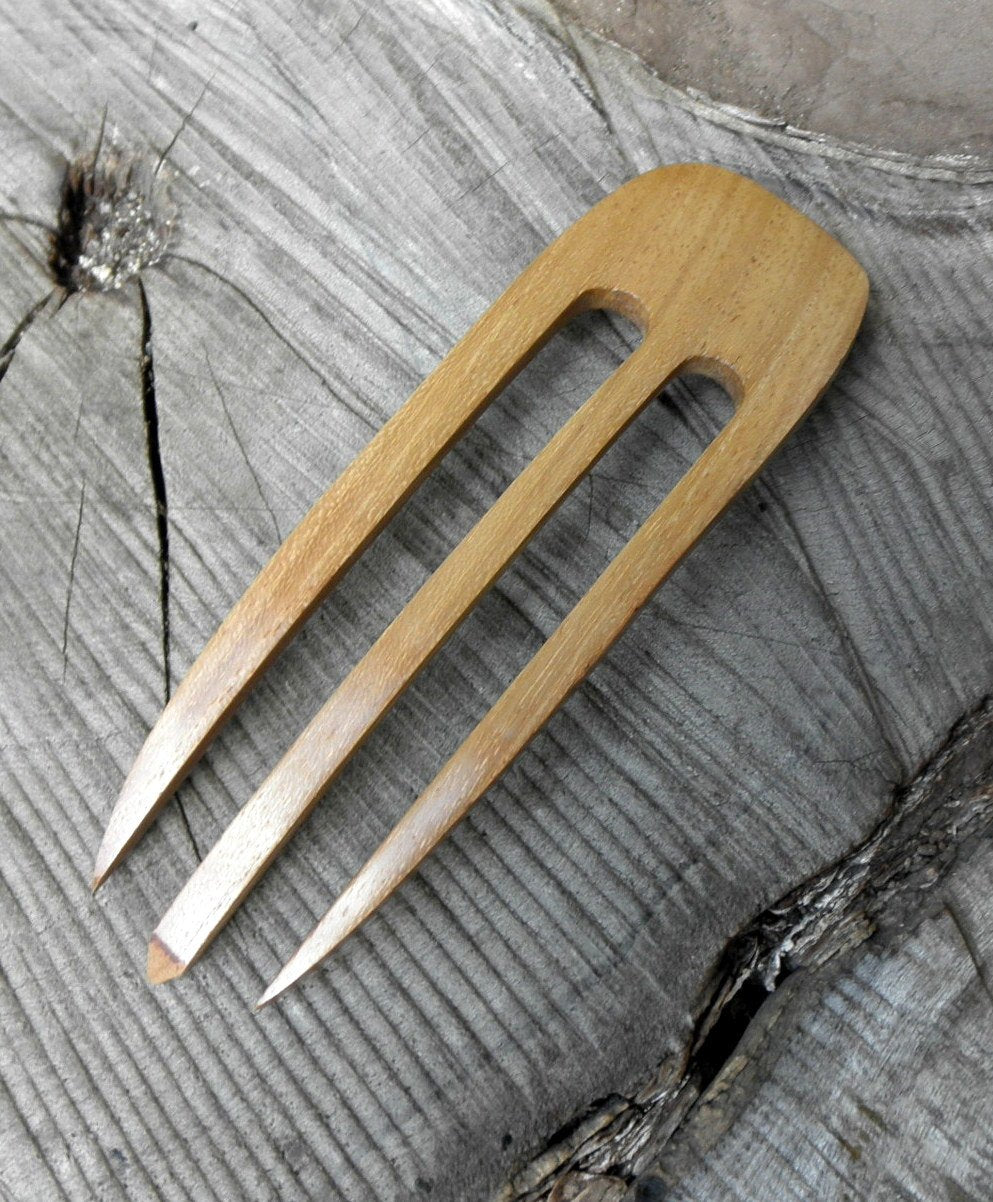 (1) Teak Wood Three Prong Curved 4.5 Inch Hair Stick Pick Pic Pin Fork