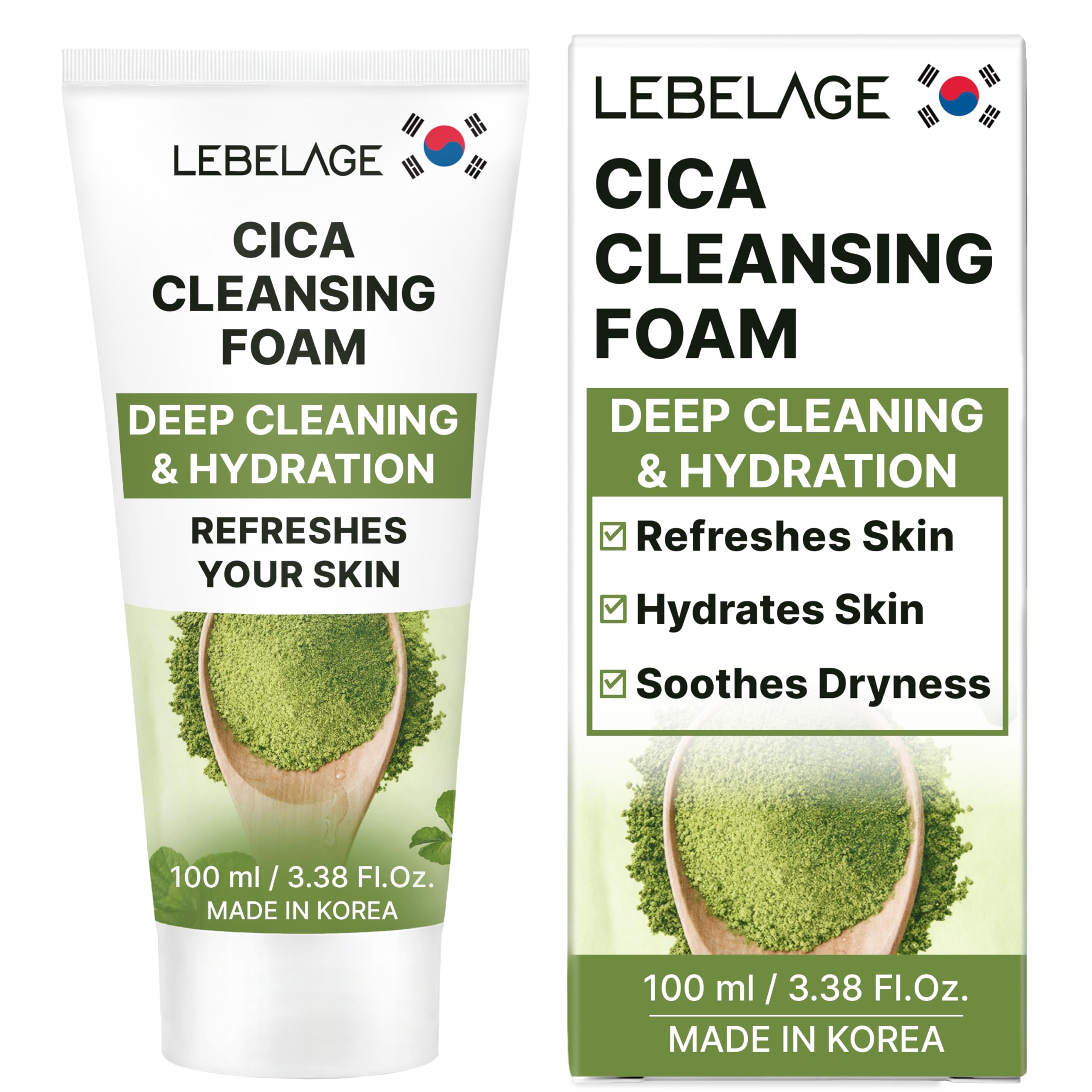 LEBELAGE Korean Cica Facial Cleanser 3.38 oz | Cleansing Foam Face Wash | Low pH Gentle Hydrating Daily Facial Cleanser Sensitiv