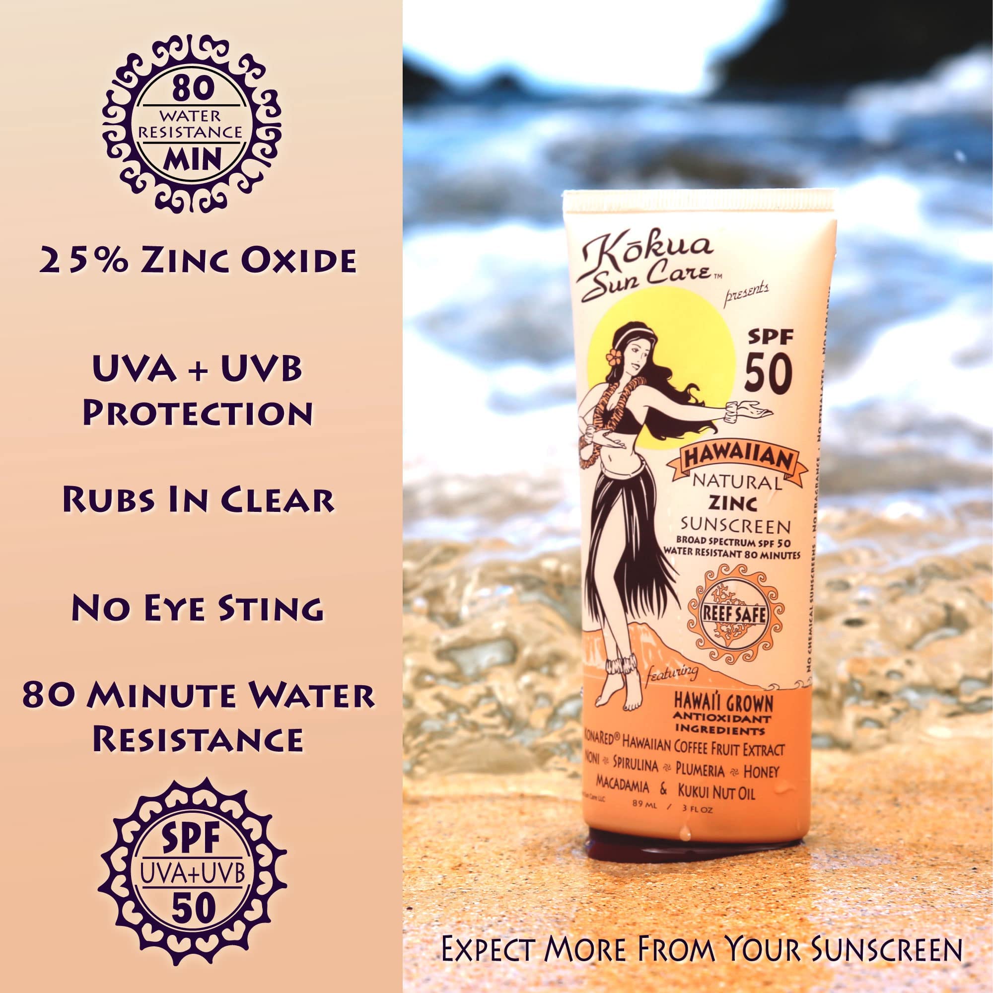 Kokua Sun Care Spf 50/80 Lotion Hawaiian Reef Safe Non Nano Zinc Oxide Sunscreen For Face & Body, Moisturizing Sun Protection Cr
