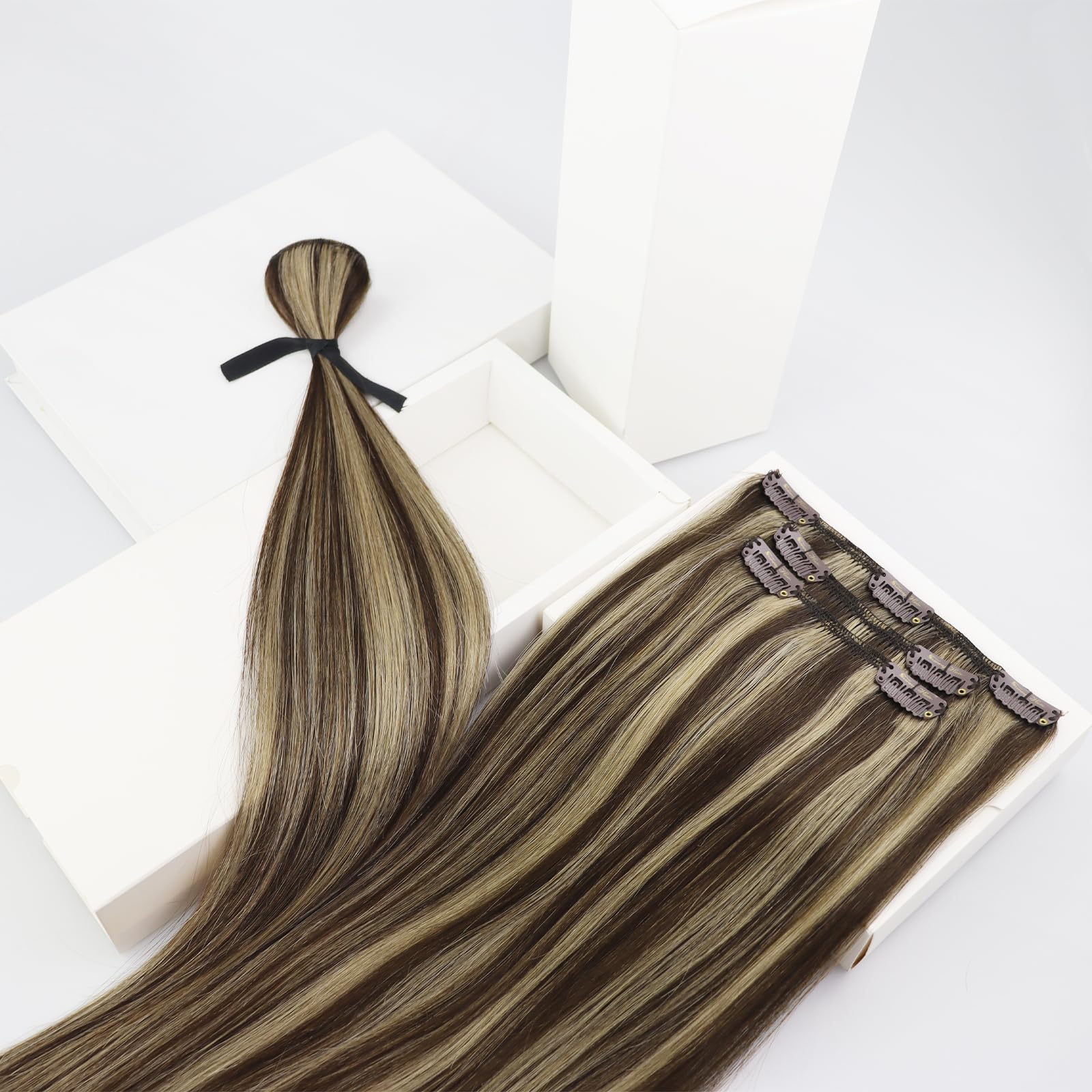 Sunny 150G Clip In Hair Extensions Real Human Hair Highlights Hair Extensions Clip In Human Hair Dark Brown With Caramel Brown H