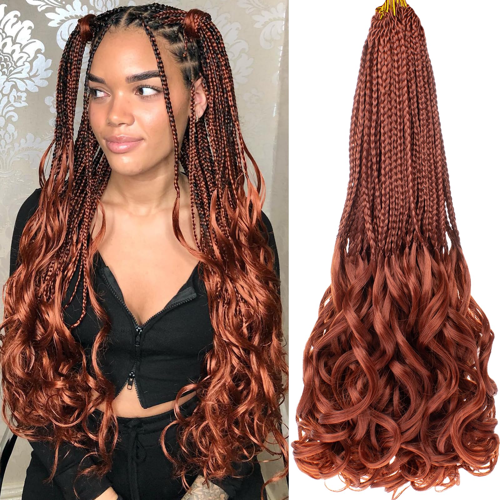 COOKOO 9 Packs Copper Red French Curl Crochet Braids 18 Inch Pre Looped French Curly Braiding Hair Ginger for Women Box Braids C