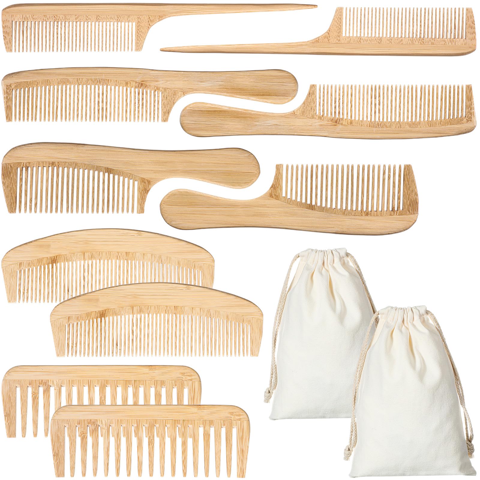 Honeydak 10 Pcs Bamboo Comb Set Natural Handmade Antistatic Set Includes Wide fine Tooth Rat Tail Tooth Combs for Detangling Lo