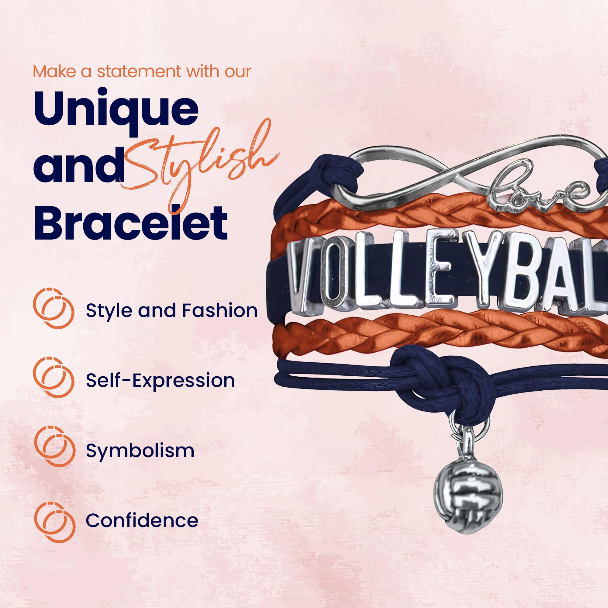 Sportybella Volleyball Bracelet, Navy and Orange Adjustable Infinity Love Charm Bracelet, Volleyball Jewelry and Accessories, Gi