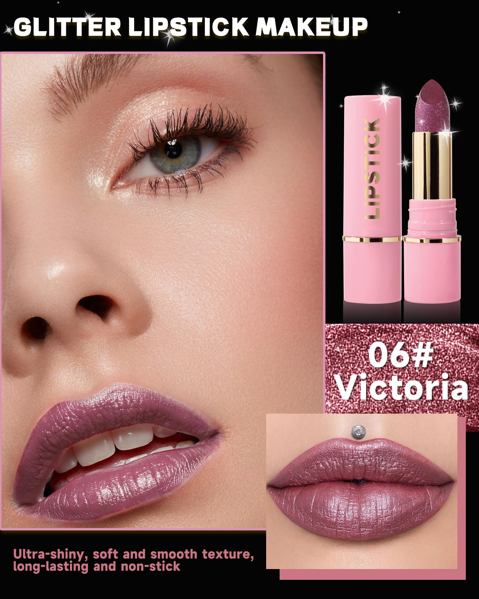 Diamond Glitter Matte Lipstick,Rose Brown Metallic Shimmer Lip Gloss Lip Tint Stain,Longlasting Waterproof Non-Stick Lip Color,F
