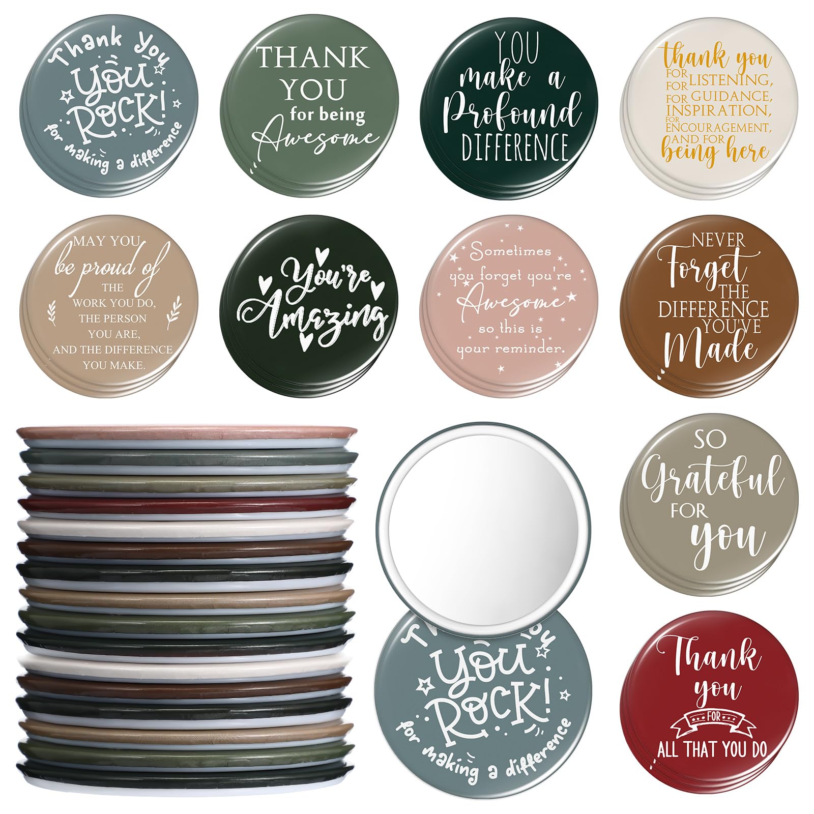 Thyle 50 Pcs Inspirational Compact Mirror Bulk Employee Appreciation Gift 2.76'' Round Portable Pocket Mirror Thank You Gift for