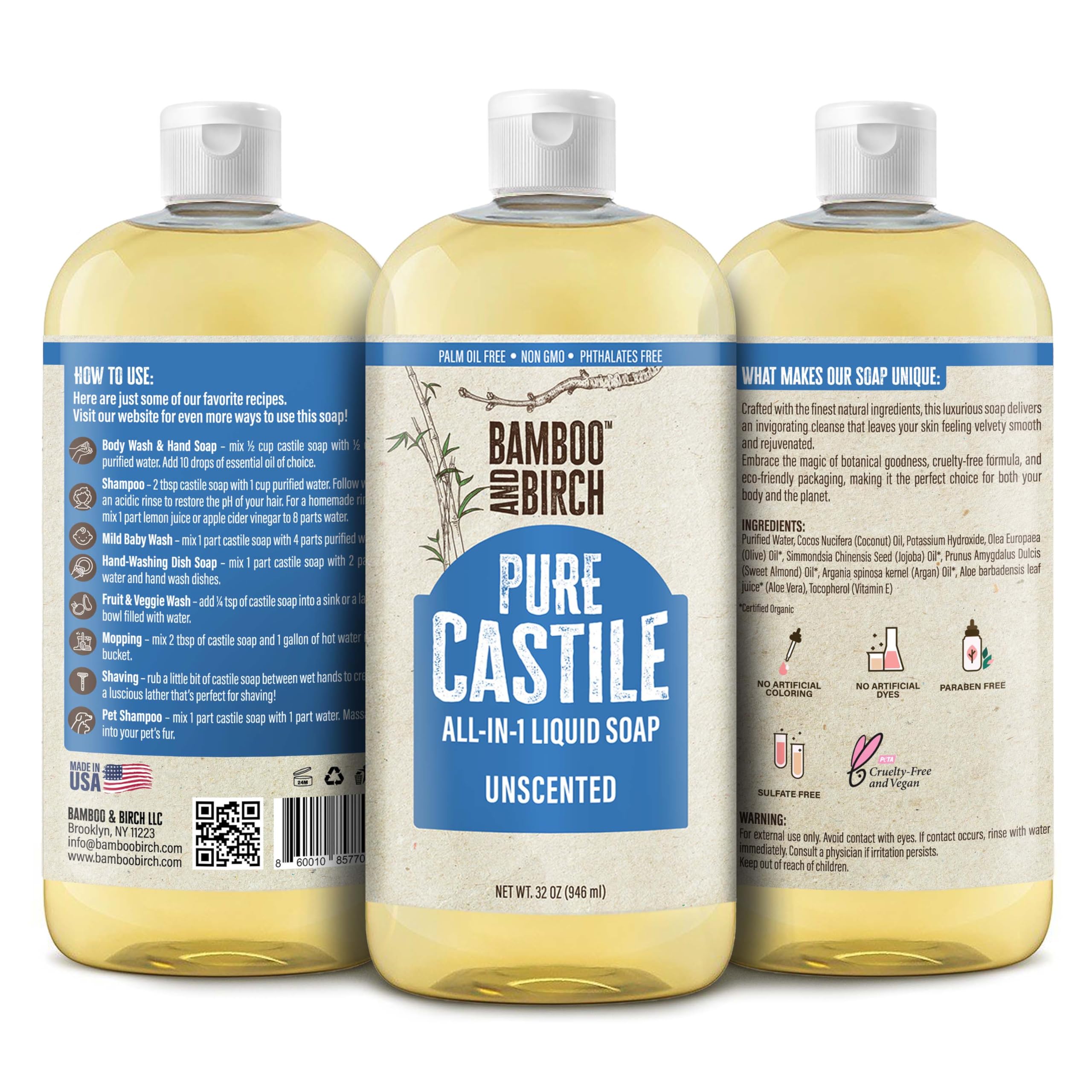 Bamboo And Birch Pure Castile Soap Liquid Organic, Certified Palm Oil Free Natural Soap, Unscented, 32 Oz