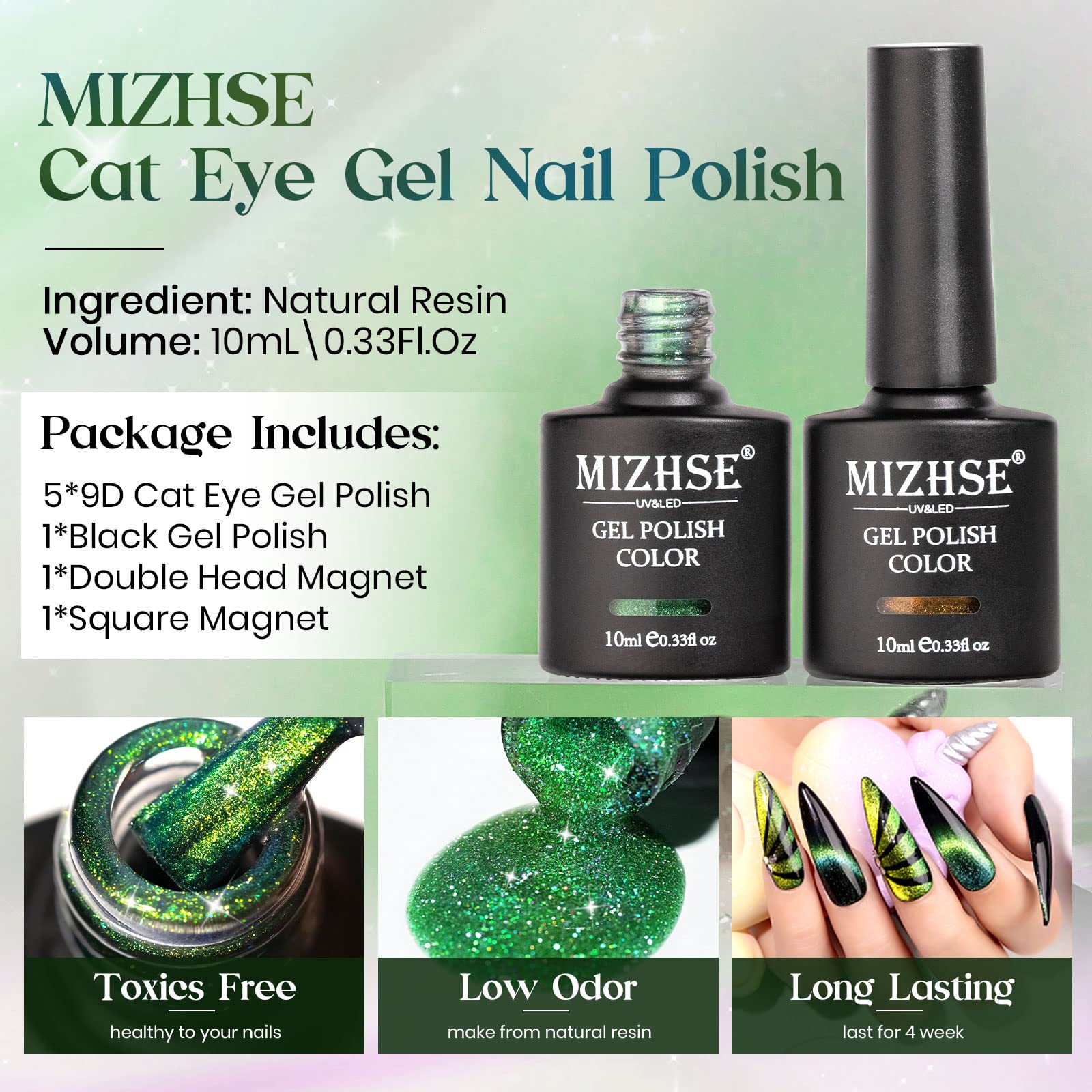 Mizhse 9D Cat Eye Gel Nail Polish, Magnetic Gel Polish Set 10 Ml 6 Colors With 2 Magnets, Chameleon Magic Galaxy Effect Nail Pol