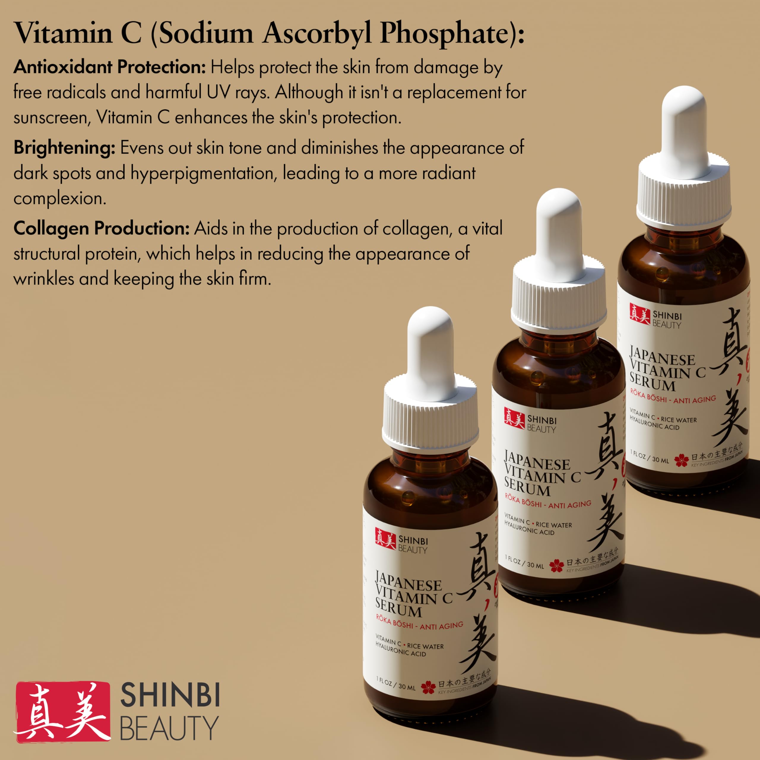 Shinbi Beauty Japanese Vitamin C Serum With Rice Water + Hyaluronic Acid - Japan Skincare Products For Anti Aging Anti Wrinkle J