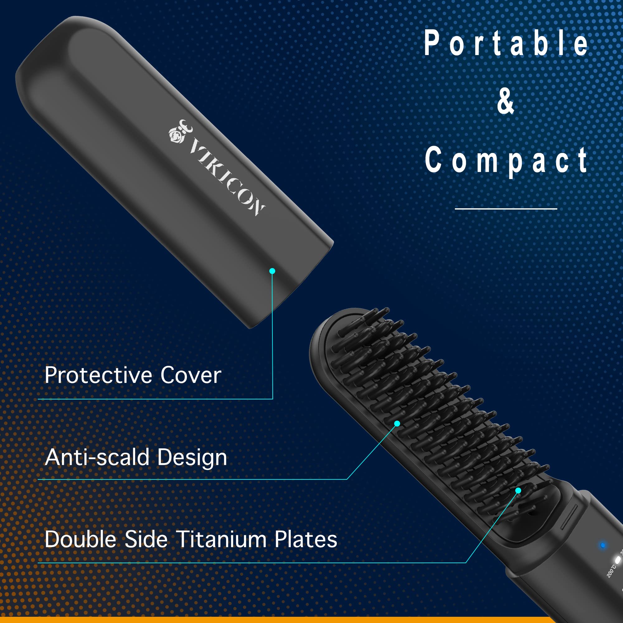 VIKICON Beard Straightening Heat Brush for Men, Cordless, Anti-Scald, Portable, Black - Perfect Valentine's Day Gift
