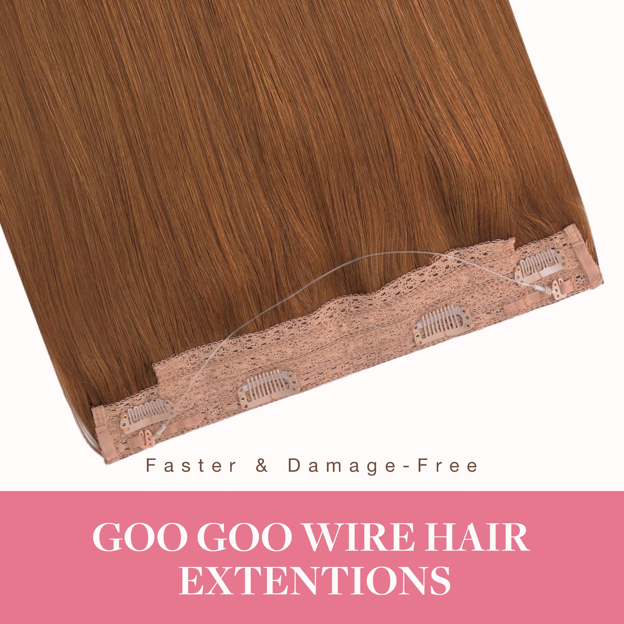 Goo Goo Wire Hair Extensions Human Hair, 350 Copper Natural 18Inch 95G, Invisible Wire Hair Extensions With Transparent, Seamles