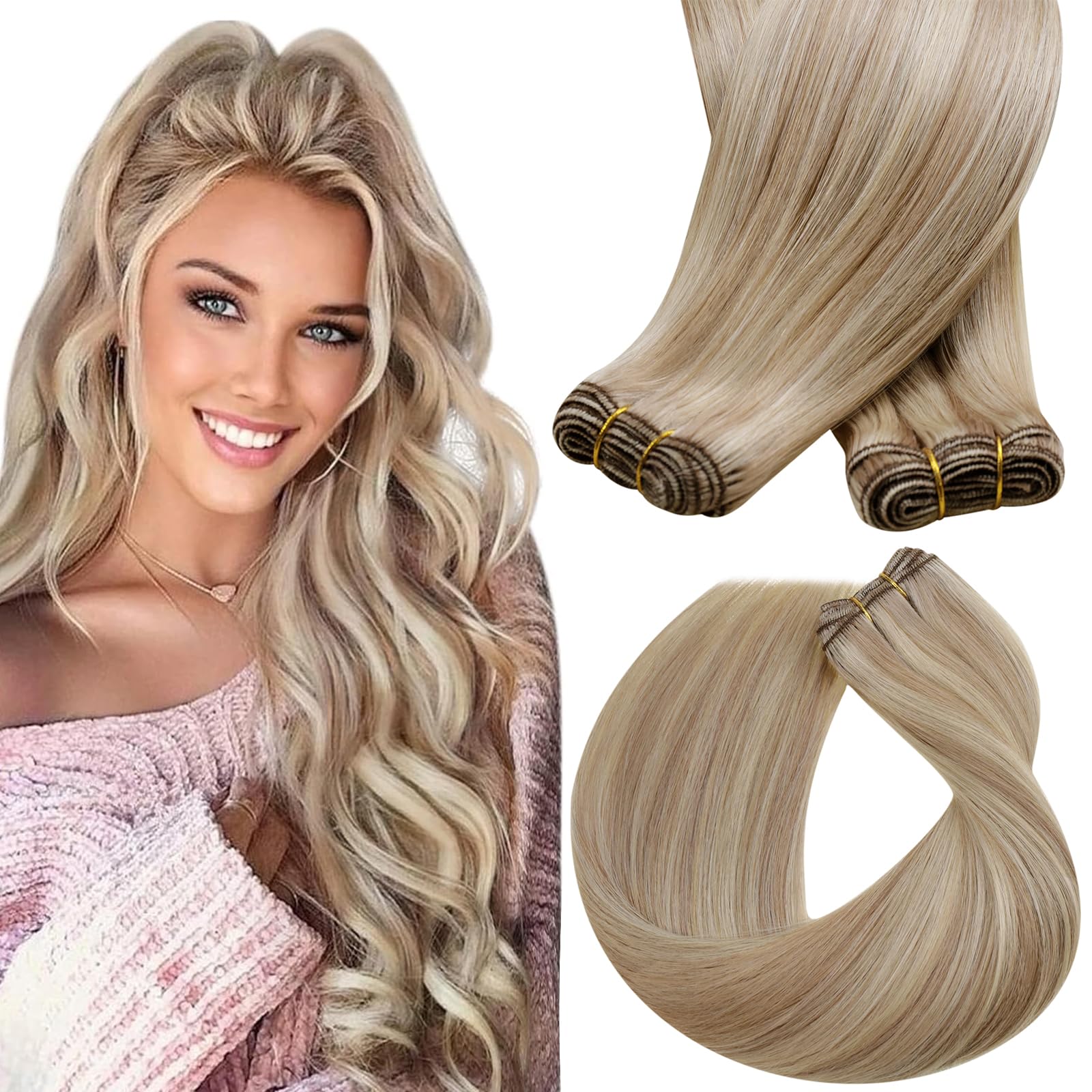Sunny Weft Human Hair Extensions Strawberry Blonde Highlights Platinum Blonde Sew in Hair Extensions Blonde Highlights Human Hai