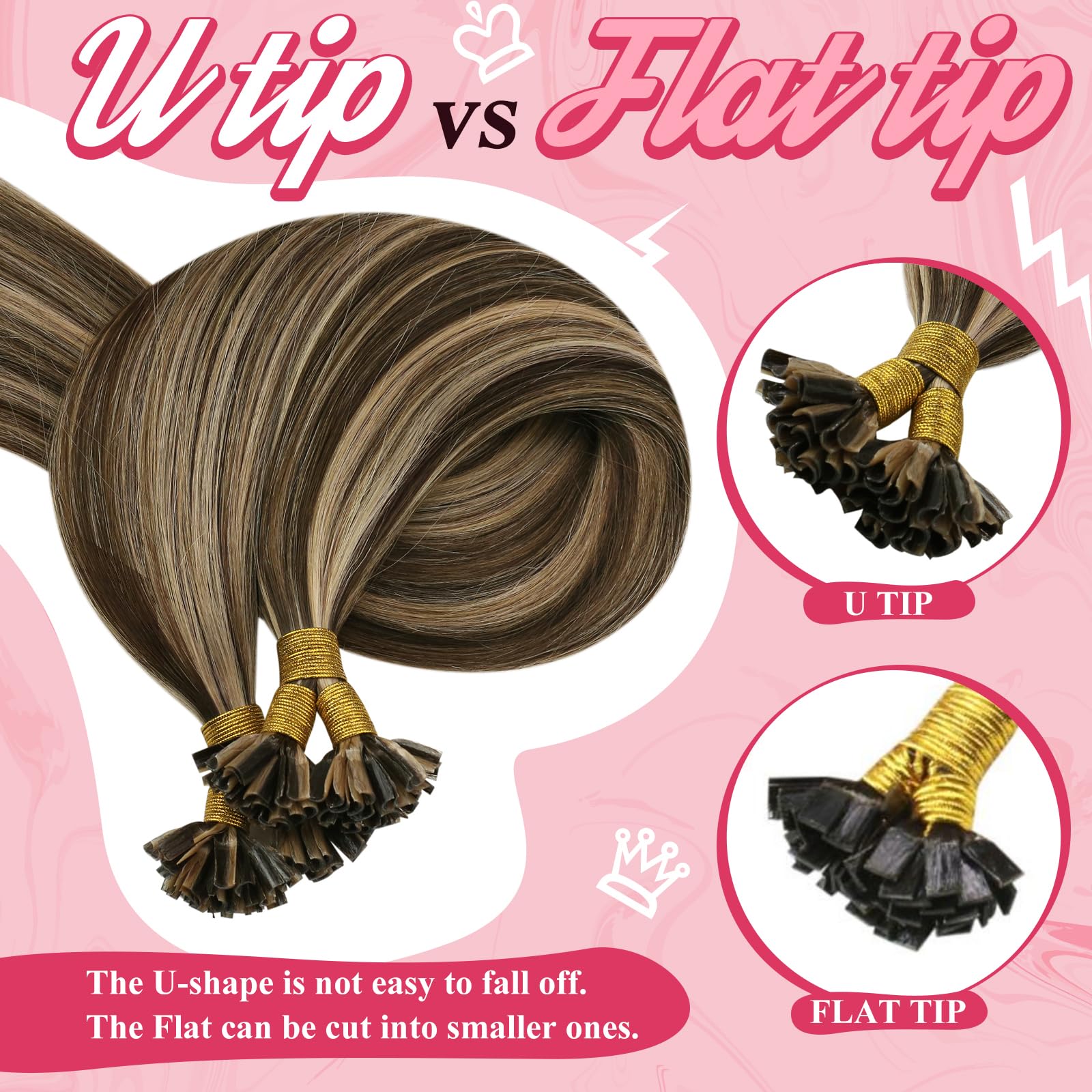 Sunny U Tip Hair Extensions Human Hair #4 Medium Brown Highlights #27 Caramel Blonde Utip Hair Extensions Straight U Tips Real H