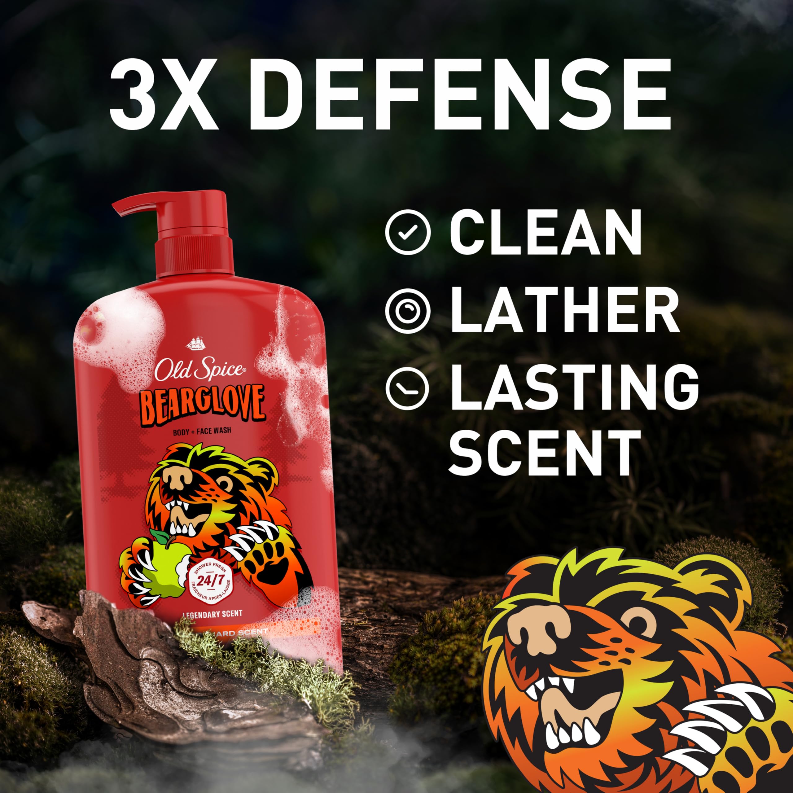 Old Spice Body Wash For Men, 3X Defense, 24/7 Shower Fresh With Long Lasting Lather, Bearglove Scent, 33.4 Fl Oz (Pack Of 4)