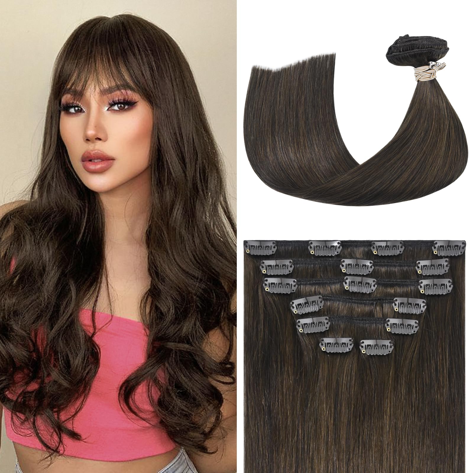 Aison Medium Brown Hair Extensions Real Human Hair Clip in Human Hair Extensions 120G 100% Real Human Hair Clip in Extensions So