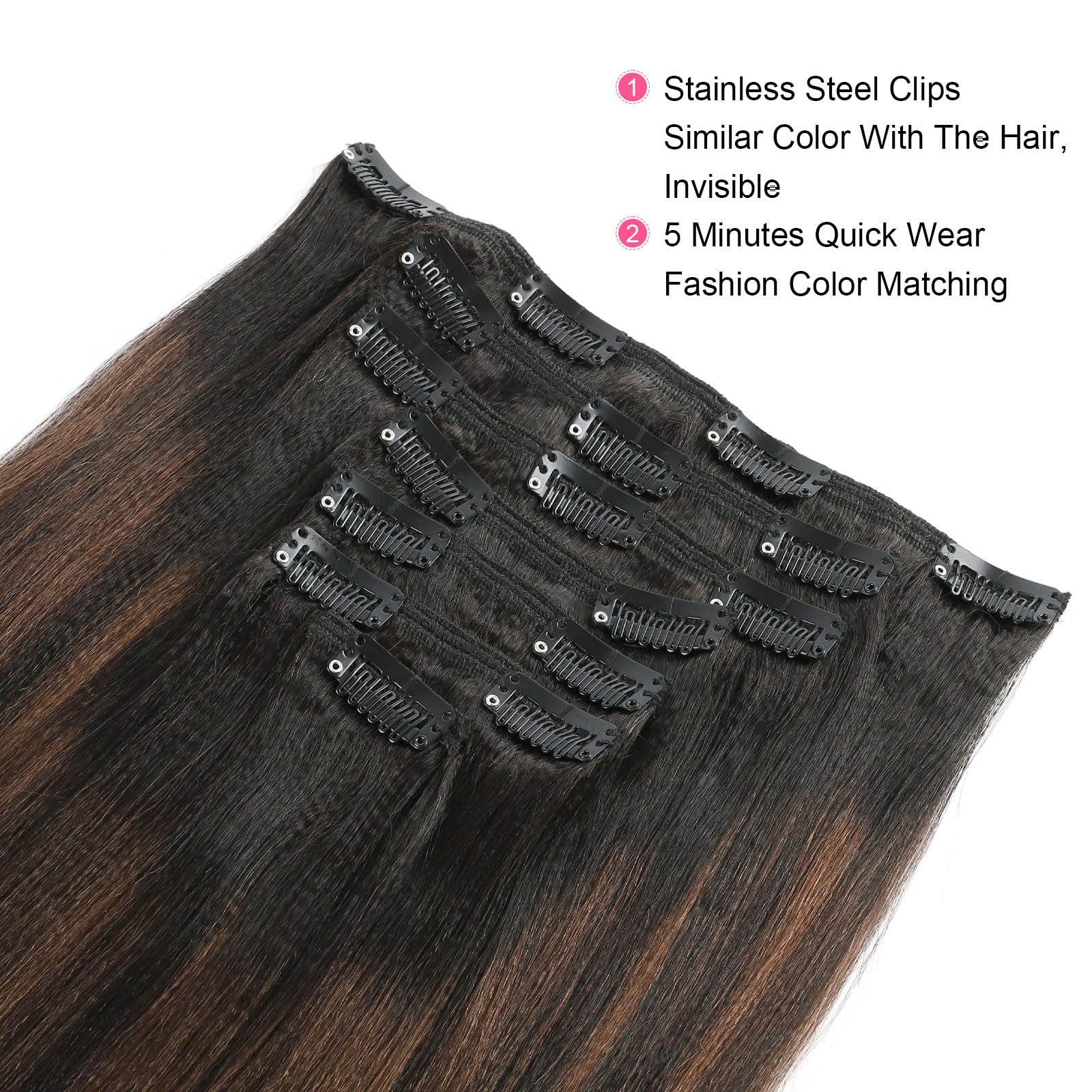 Abh Amazingbeauty Hair Yaki Straight Clip Ins Rooted Black Piano Natural Black #1B With Chocolate Brown #4 Two Tone Light Yaki C
