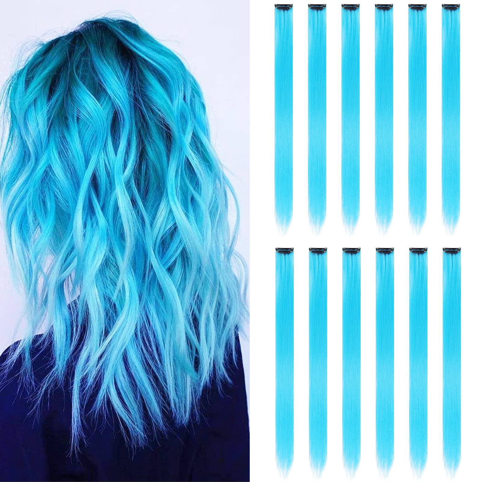12PCS Colored Sky Blue Hair Extensions Party Highlights Colorful Clip in Hair Extensions 22 Inch Straight Synthetic Hairpieces f