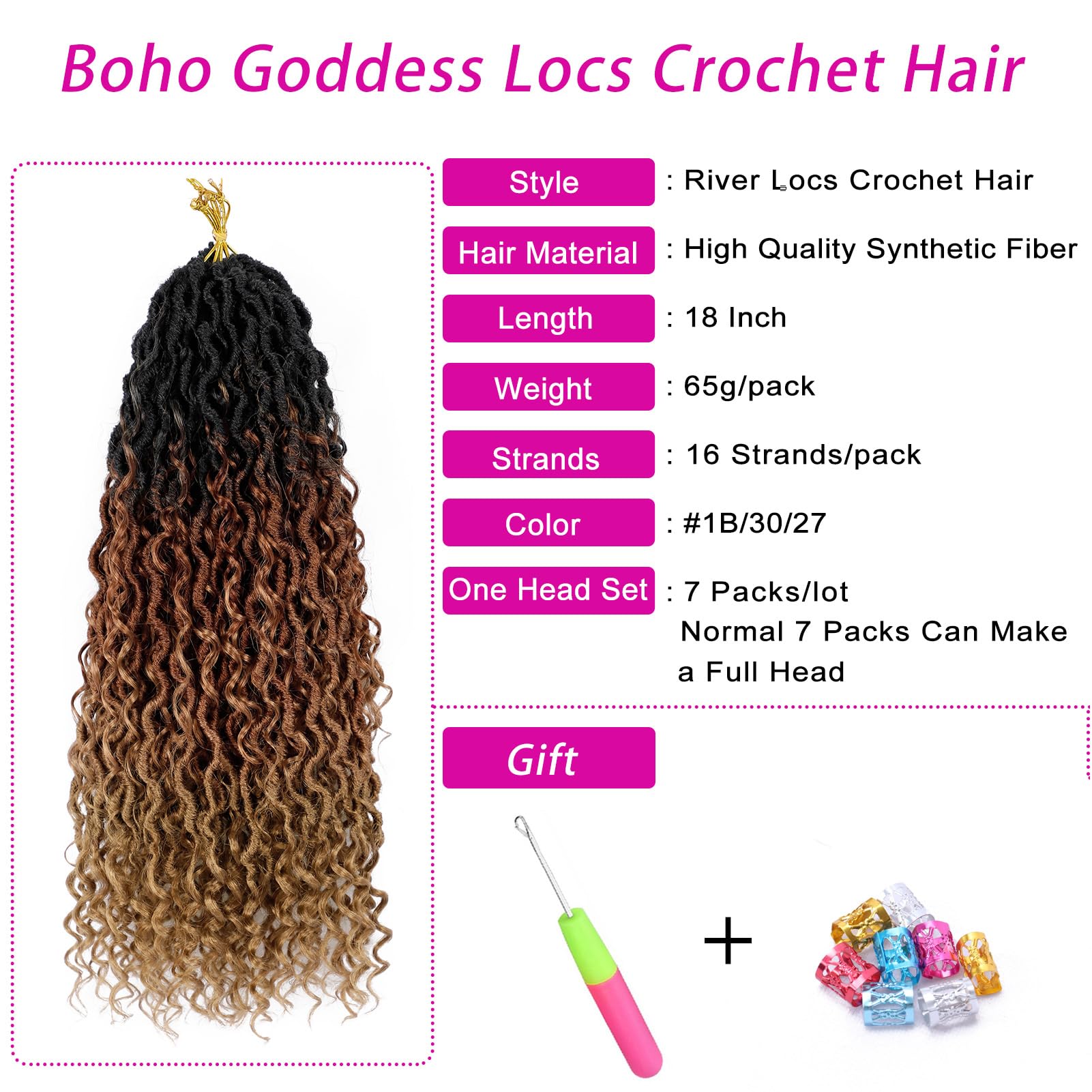 Goddess Locs Crochet Hair 18 Inch 7 Packs Ombre Brown Boho Faux Locs Crochet Hair for Black Women Pre Looped Crochet Locs with C