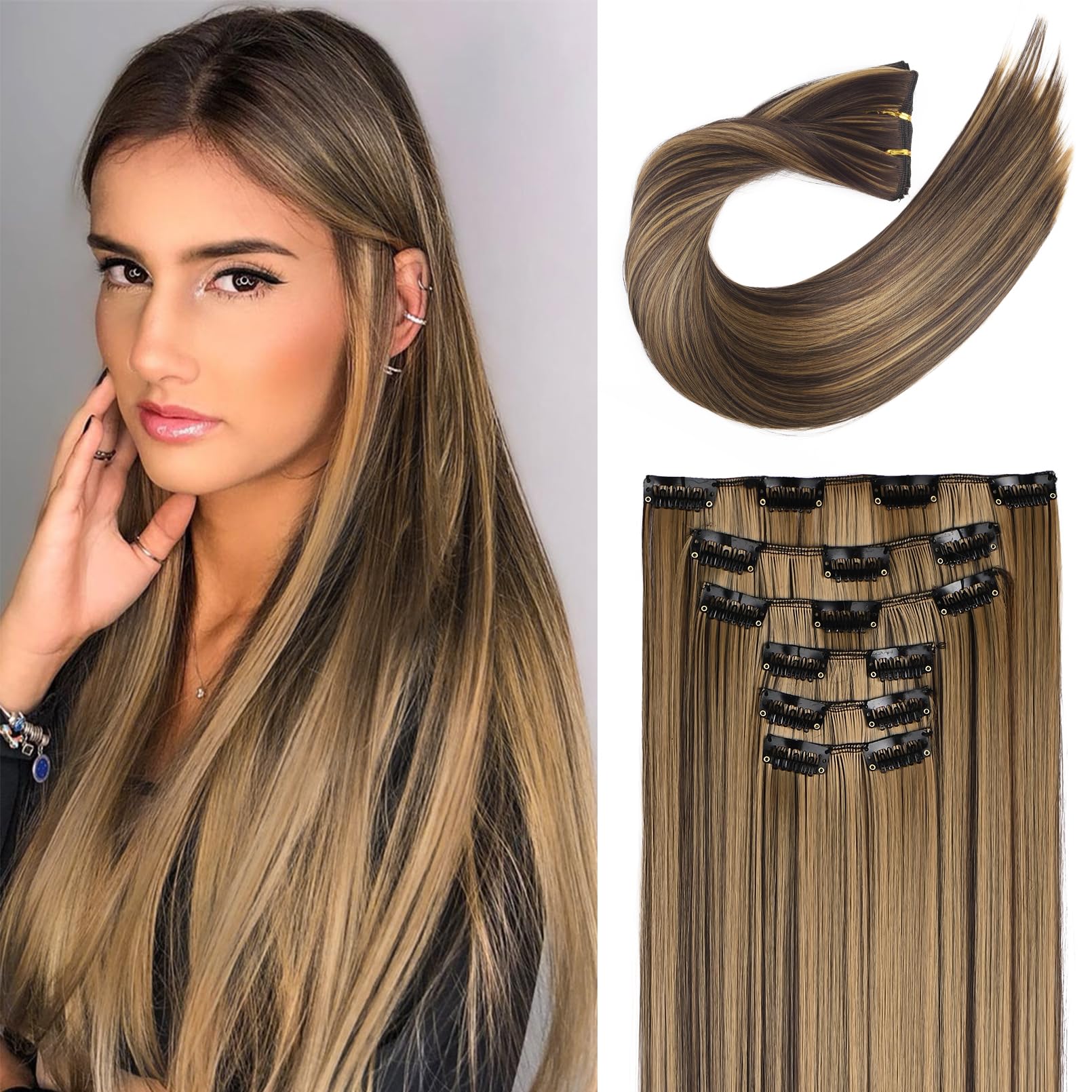 FLUFYMOOZ 6PC Clip in Hair Extensions 24'' Straight Long Extensions for Women Synthetic Hairpiece (Deep Brown with Dirty Blonde)