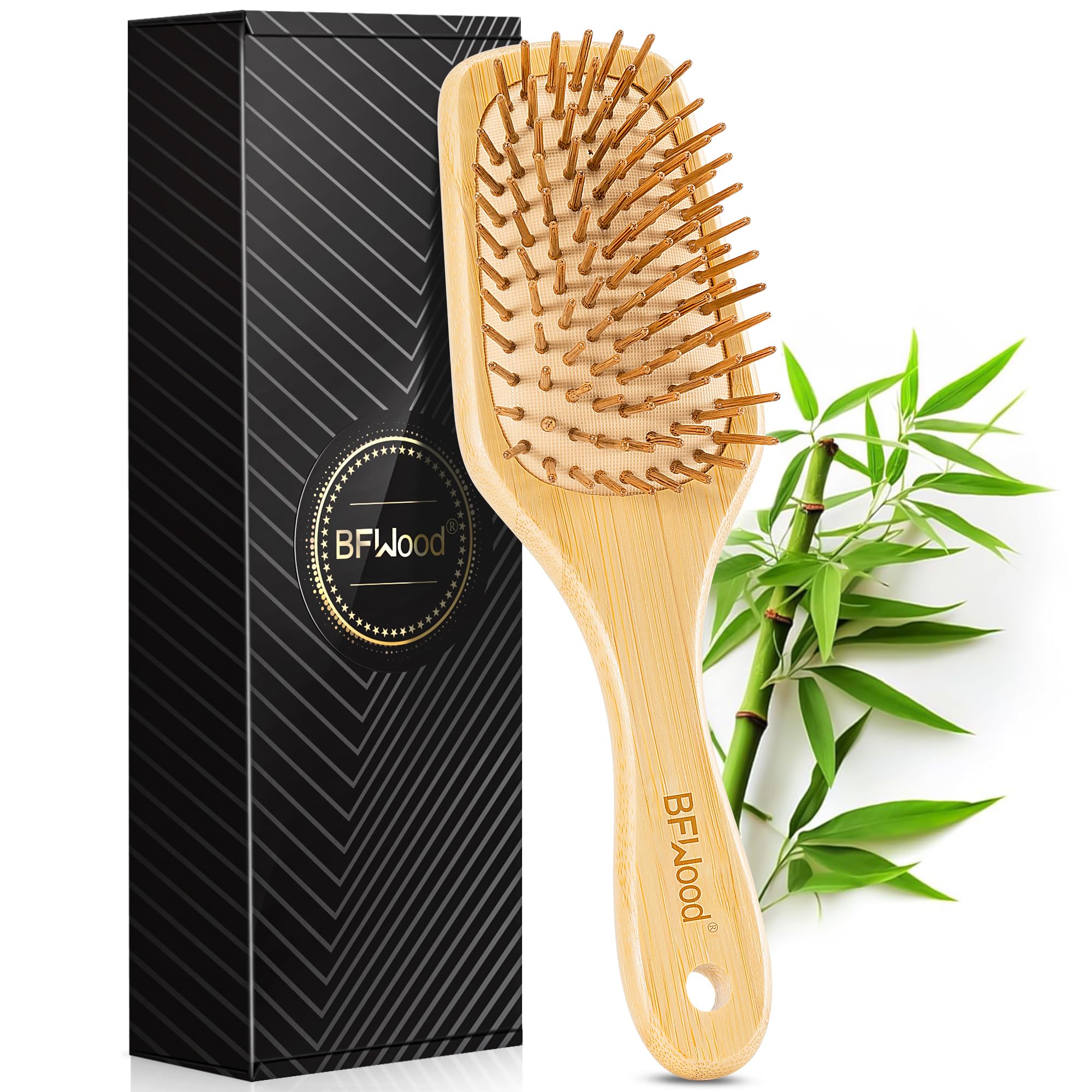 BFWood Bamboo Paddle Hairbrush - Massaging Scalp Brush, 1 Count, Wood Material, Pin Bristle Color
