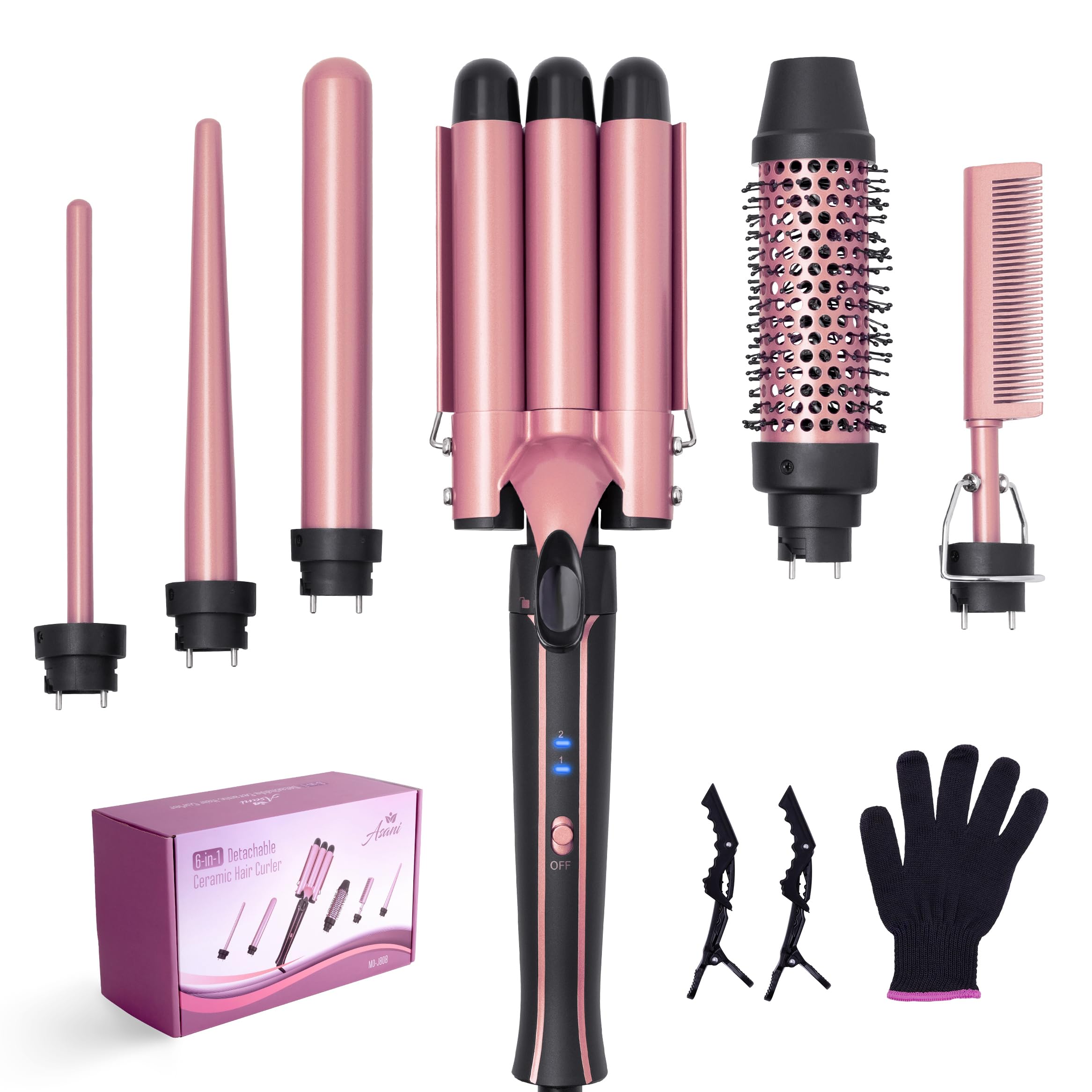 Asani Curling Iron Wand Set 6-In-1 - Beachwaver Hair Curler With 3 Barrel Hair Crimper, Tapered, Spiral Curling Iron - Fast Heat