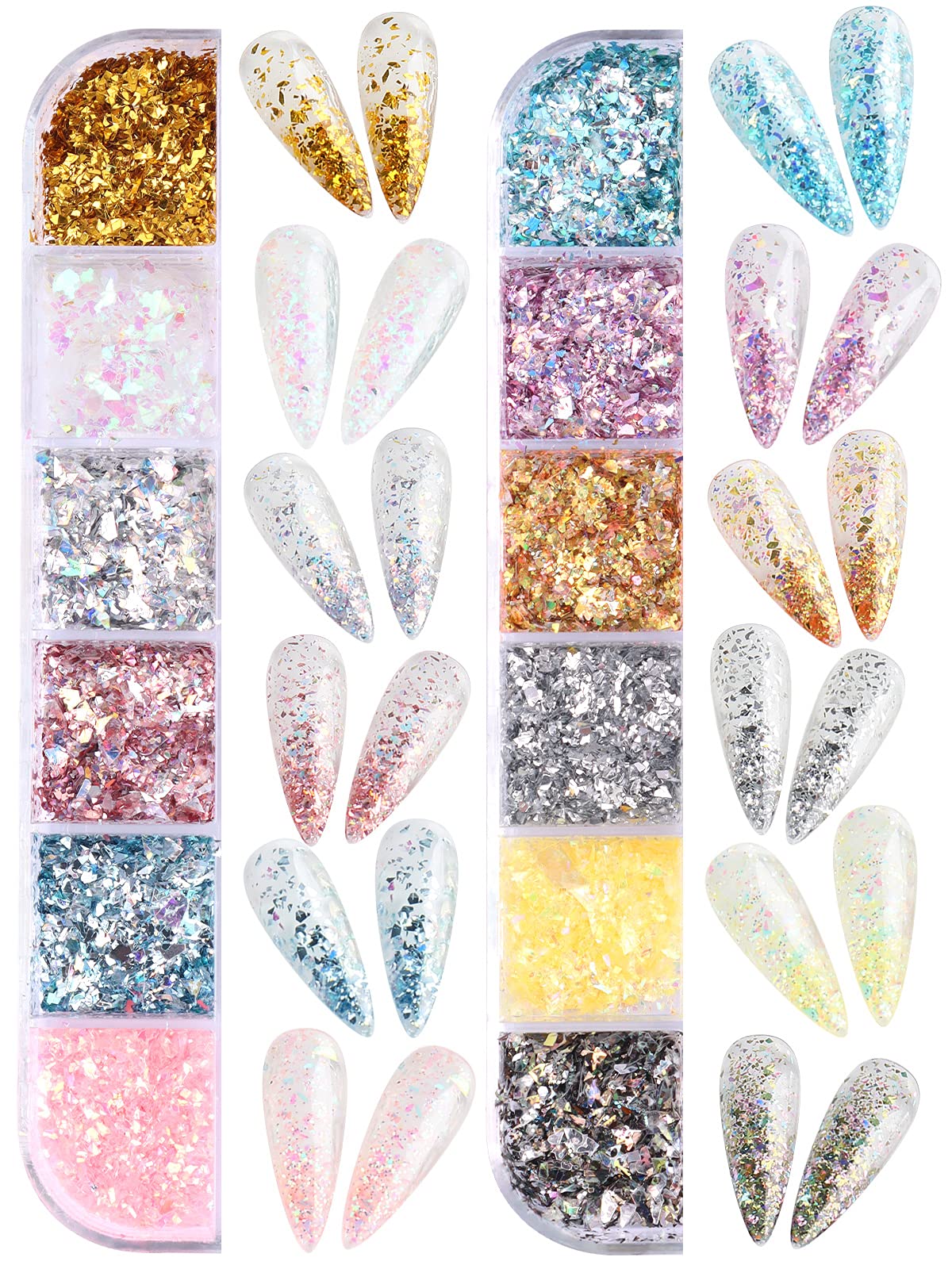 24 Grid Holographic Nail Art Foil Flakes, Ebanku Nail Foil Flakes Glitter Nail Sequins Confetti Gold Silver Irregular Glitter Mi