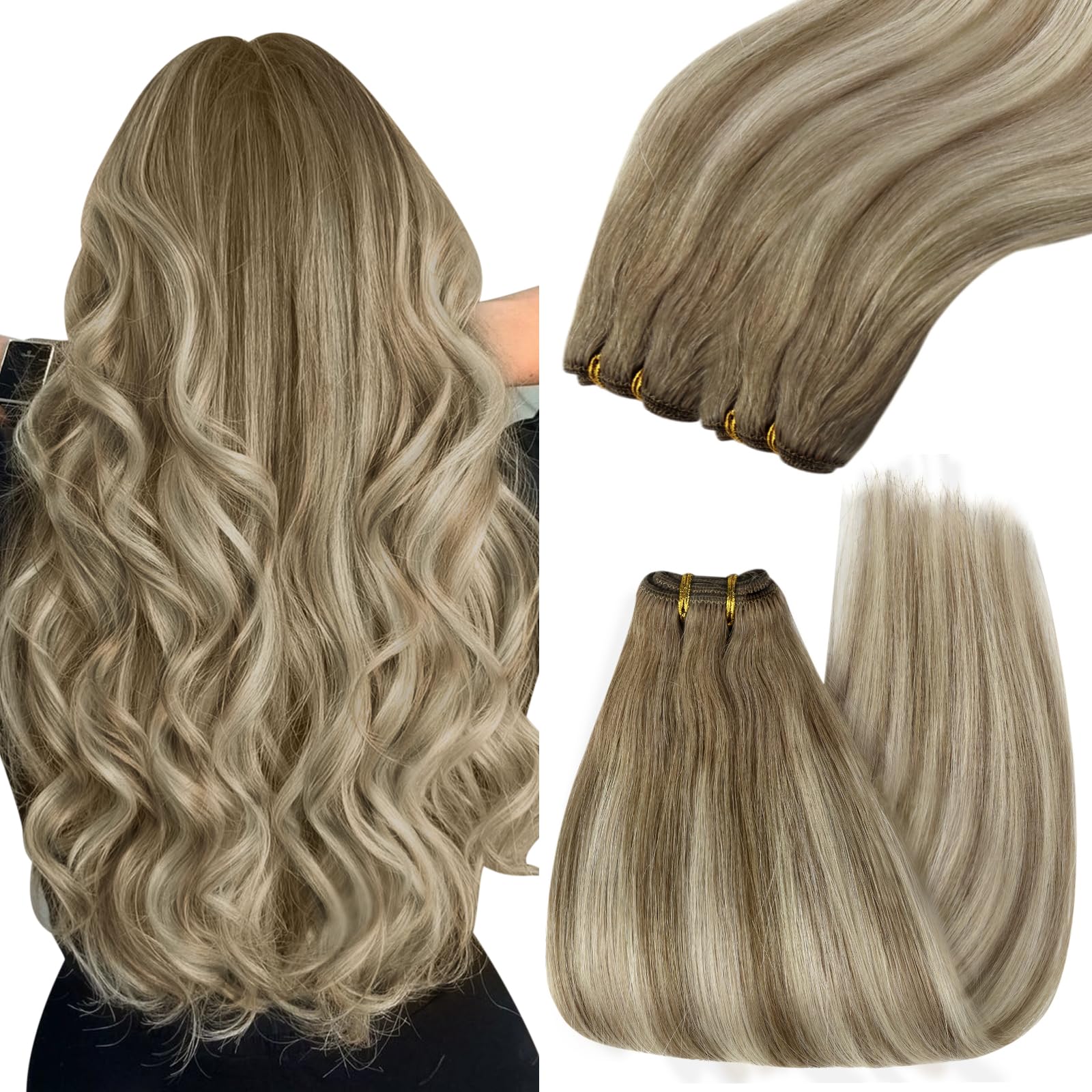 YoungSee 130G Weft Hair Extensions Human Hair Balayage Sew in Hair Extensions Human Hair Medium Brown Fading to Brown Mix Platin