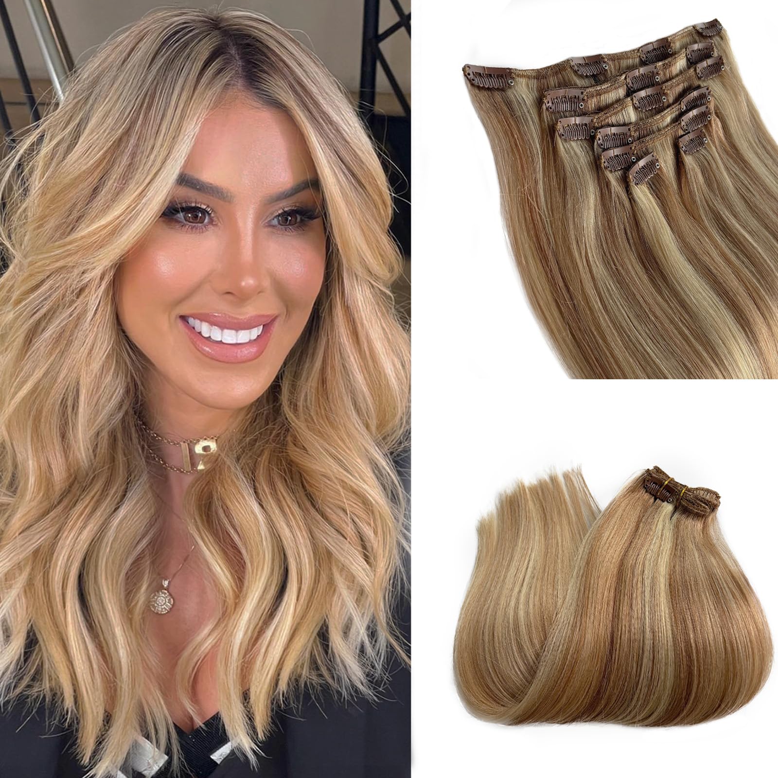 Clip In Hair Extensions Remy Human Hair Golden Brown And Blonde Balayage Human Hair Clip In Extensions 12 Inch Thick Full Real H