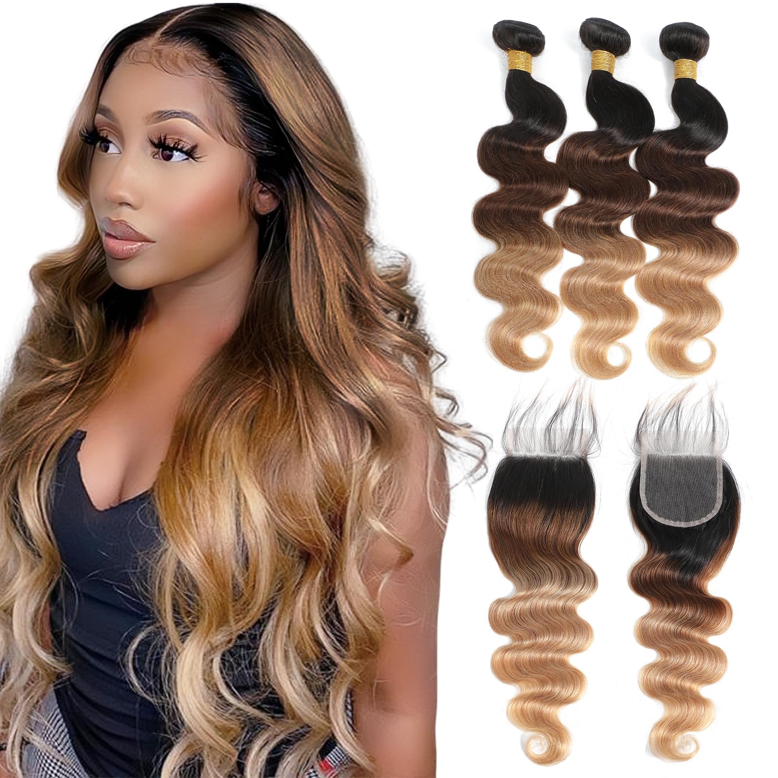 10A Ombre Human Body Wave Hair Bundles With Closure Ombre Brazilian Human Hair (T1B/4/27,20 22 24+18) Ombre Brazilian Virgin Rem