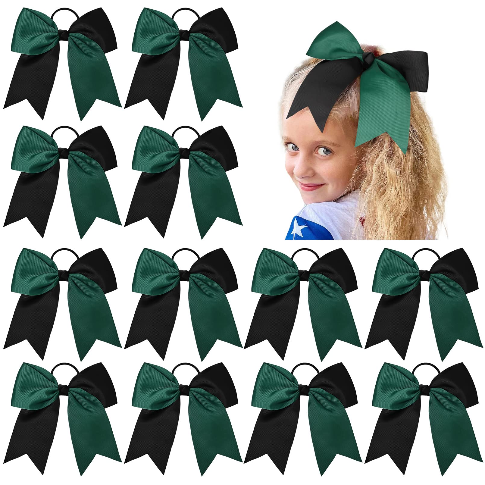 12 PCS 8'' Large Cheer Bows Black Green Girl Hair Bows Cheerleading Softball Bow Hair Ties Hair Accessories for cheerleaders foo