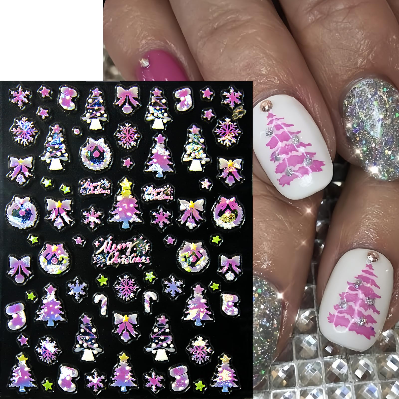 3Pcs Christmas Nail Art Stickers 5D Embossed White Snowflake Butterfly Nail Art Stickers Pink Xmas Tree Bow Snowman Santa Claus