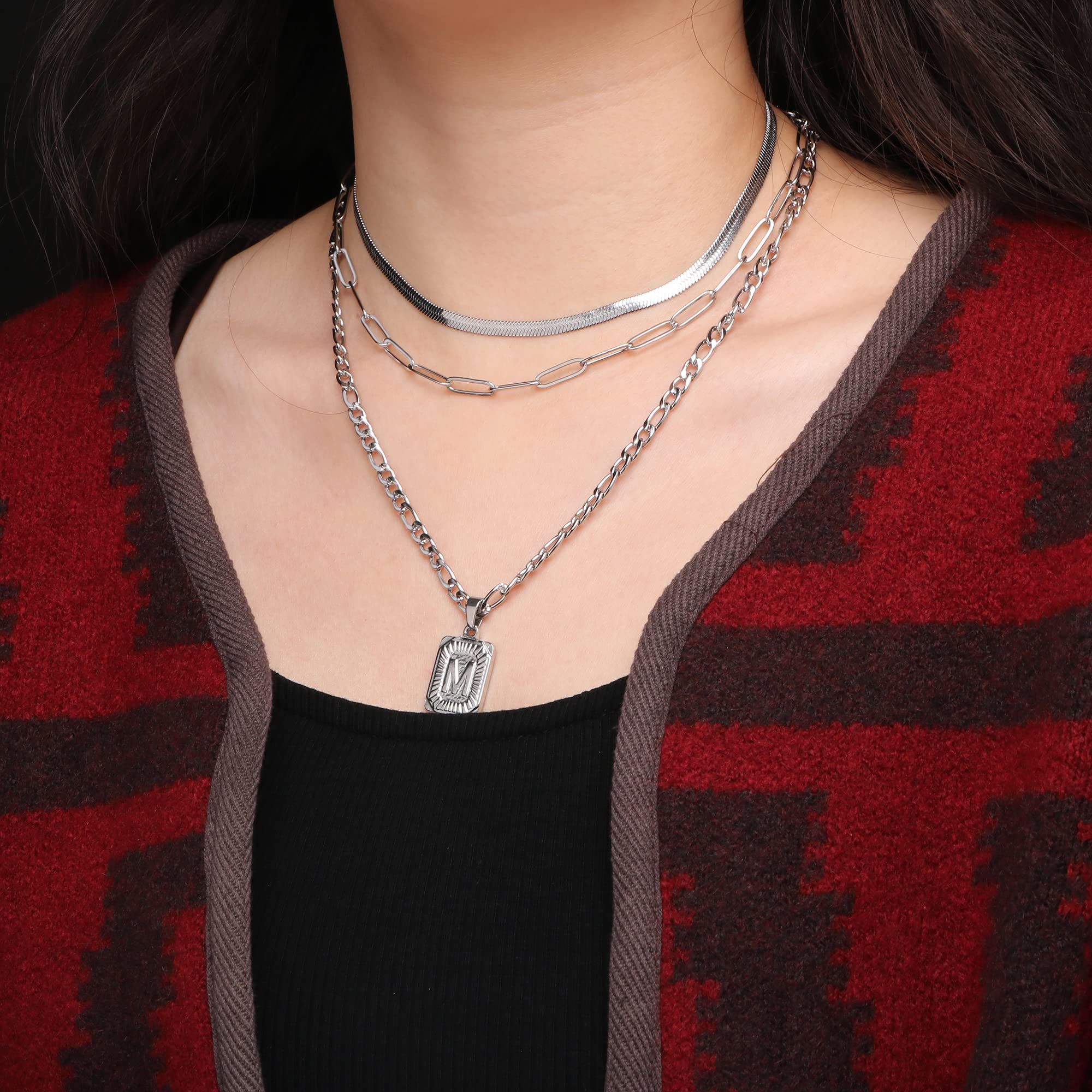 Memgift Layered Snake Chain Dainty Trendy Paperclip Snake Choker Silver Stainless Steel Figaro Chain Layered Necklaces Jewelry G