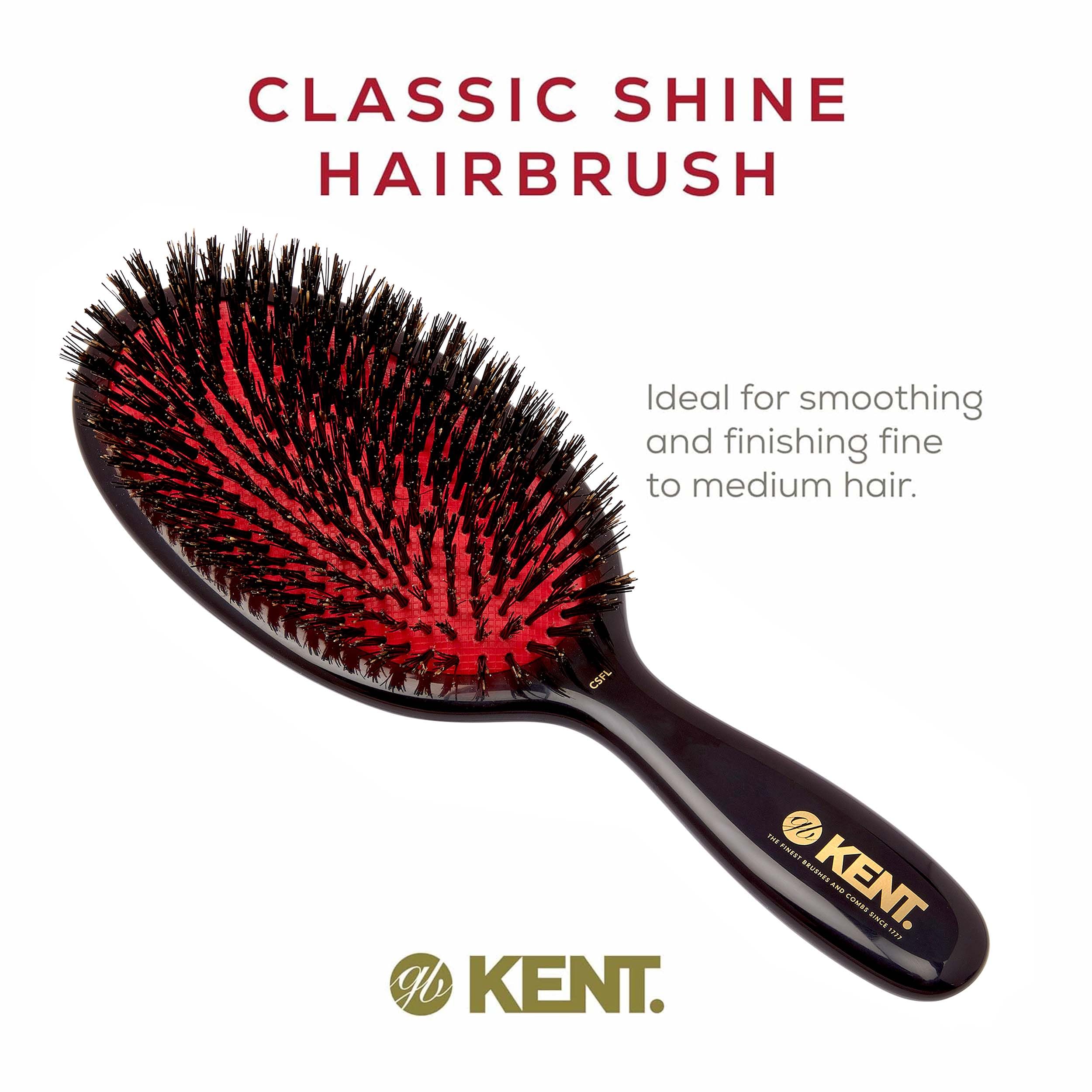 Kent CSFL Classic Shine Large Oval Cushion Straightening Brush and Hair Detangler - Natural Black Boar Bristle Hair Brush - Shin
