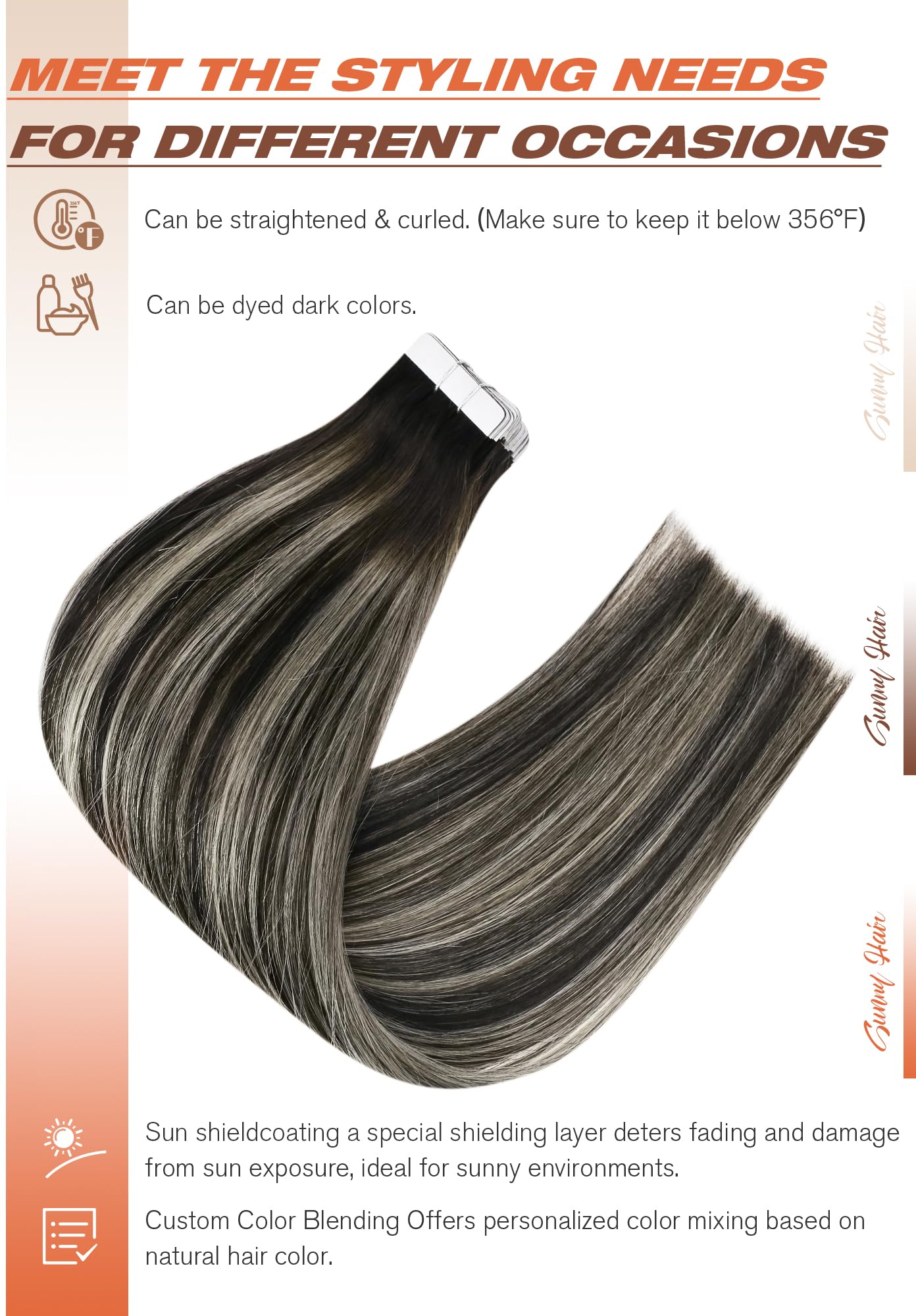 Sunny Hair Tape in Hair Extensions Real Human Hair Invisible Remy Hair Extensions Tape ins for Women Natural Black Roots to Silv