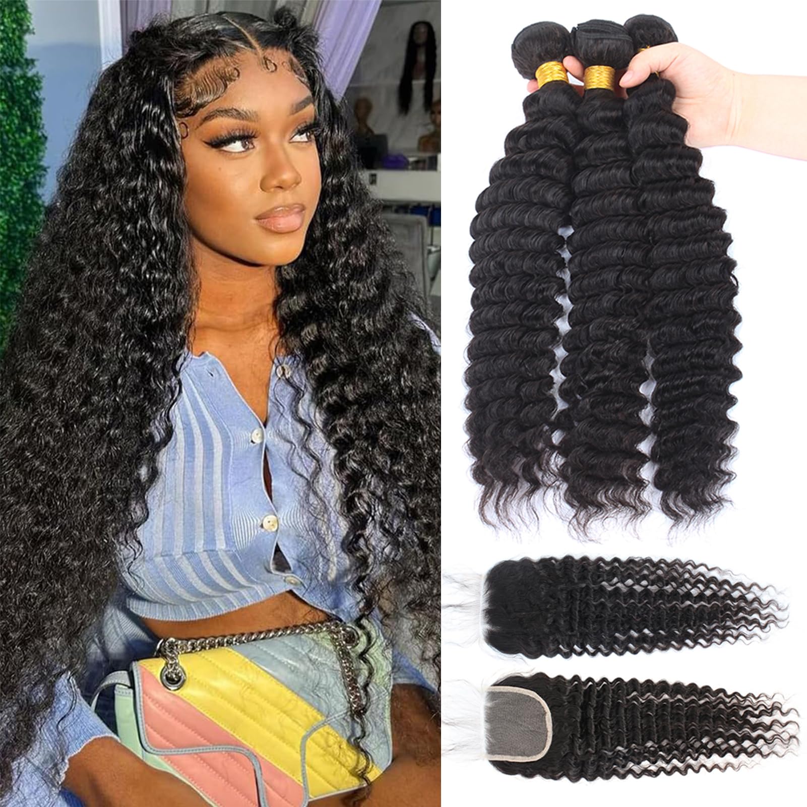 12A Brazilian Virgin Deep Wave Hair 3 Bundles with Closure (22 24 26+20''Closure) 100% Unprocessed Virgin Brazilian Pineapple Wa