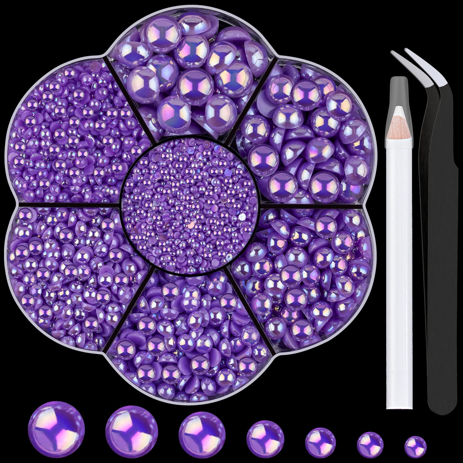 Nail Art Flat Back Half Round Pearl Kits 35, 1 Box of 6000 Pcs Flat-Back Violet AB with Tweezer and Picker Pencil for Home DIY N