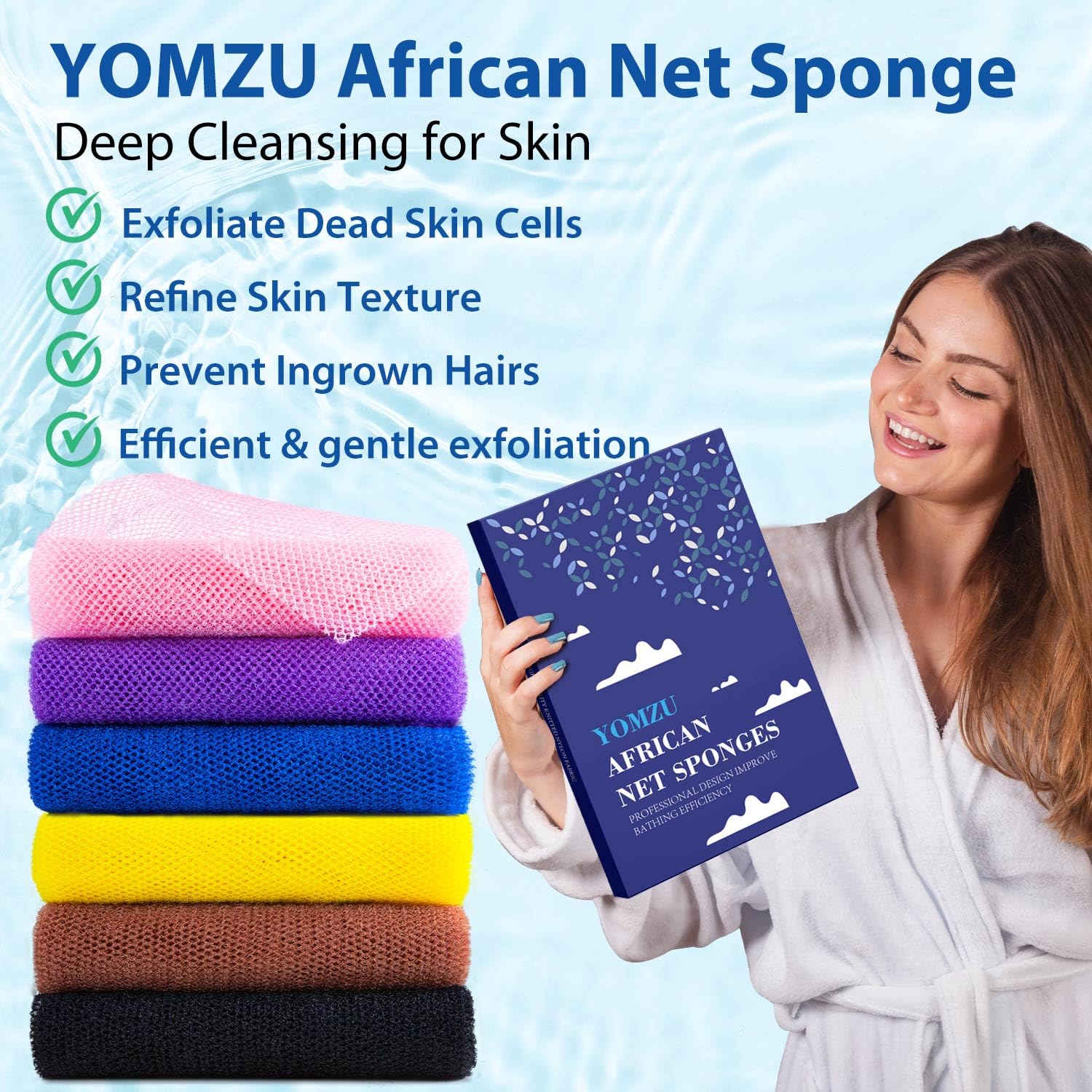 YOMZU African Exfoliating Net Sponge, 6-Pack, Nylon Body Scrubber, Pink/Yellow/Purple/Coffee/Blue/Black