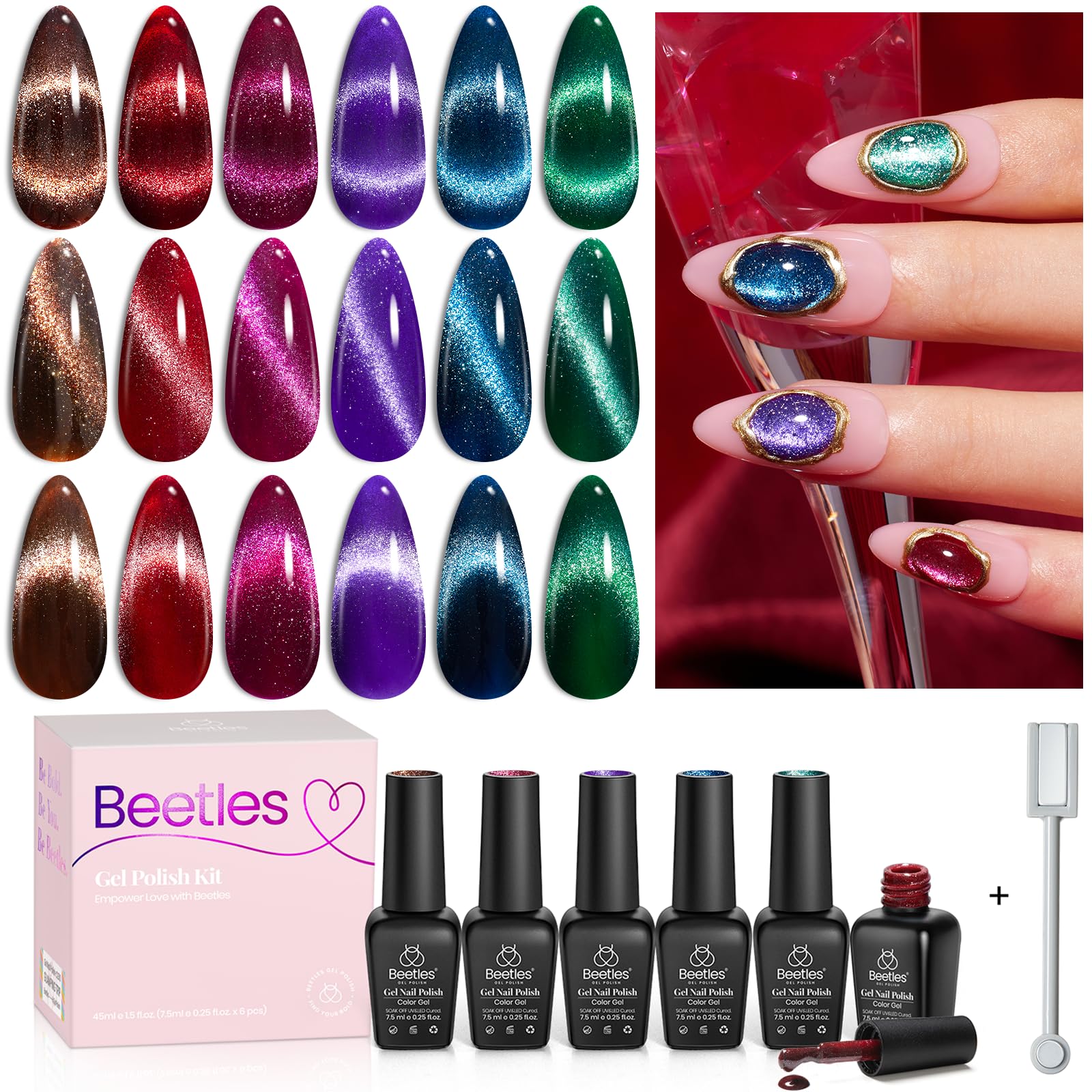 Beetles Cat Eye Christmas Gel Nail Polish Set 6 Colors, Glitter Red Shiny Brown Burgundy Purple Blue Green Magnetic Effect Spark