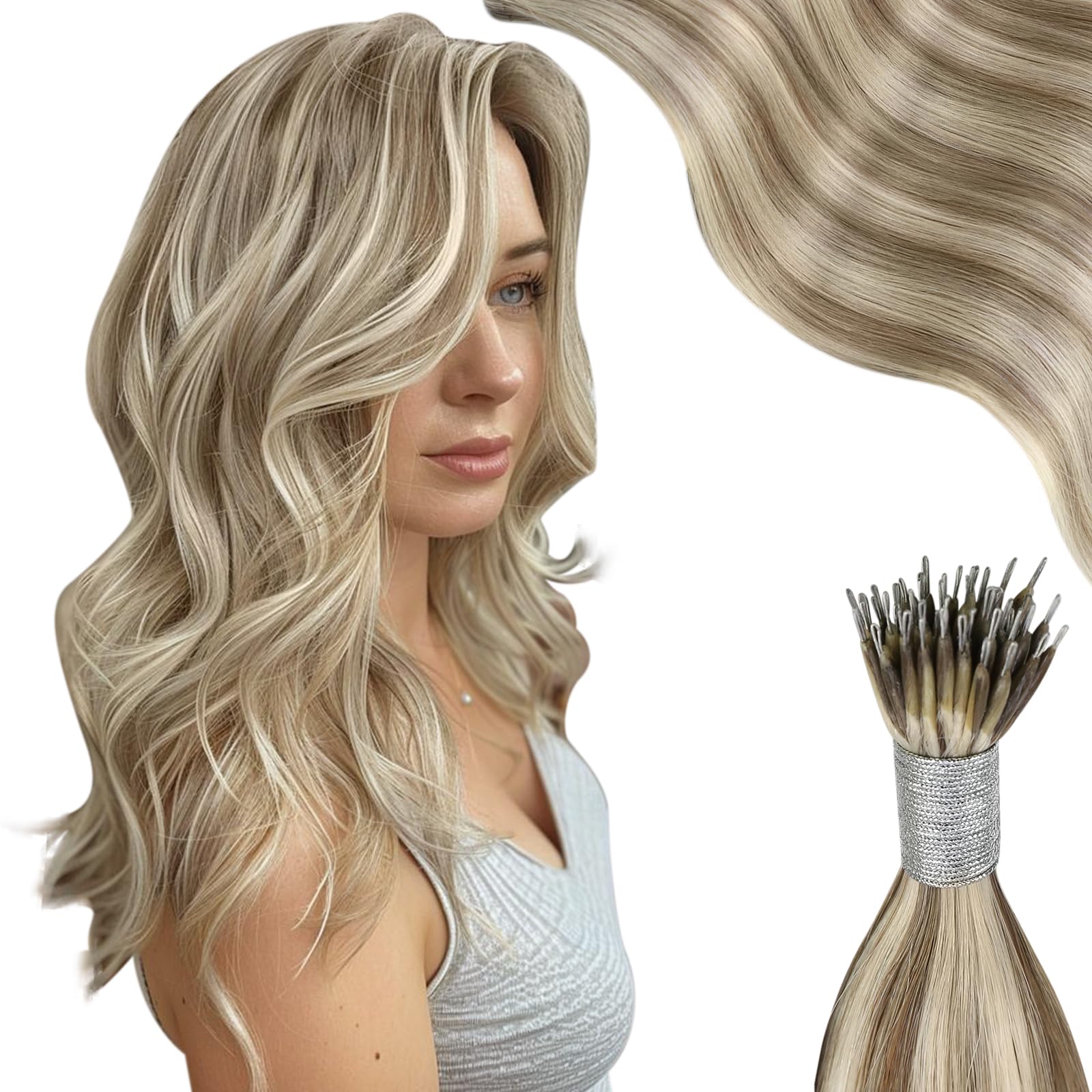 Moresoo Nano Ring Hair Extensions Human Hair Light Brown To Platinum Blonde Highlight Nano Bead Hair Extensions Human Hair 18 In