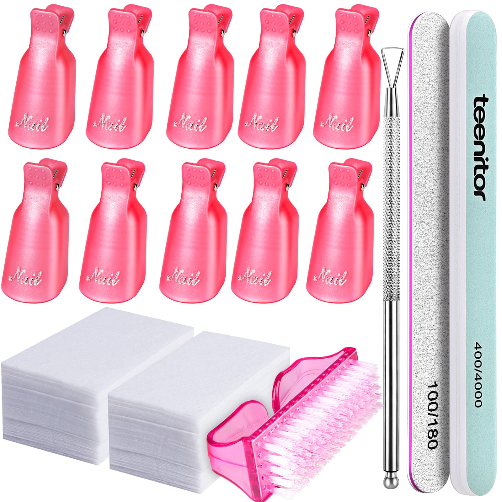 Teenitor Nail Gel Remover Tools Kit with Pink Polish Remover Clips, Cuticle Peeler Scraper, Gel Nail Brush, 115 Pack Nail Wipe C