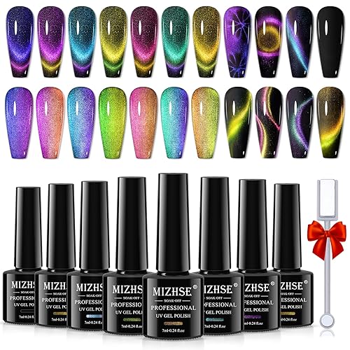 Mizhse 9D Cat Eye Gel Nail Polish, 8 Colors Upgraded Magnetic Gel Polish Kit With Magnet Stick, Galaxy Chameleon Effect Silky Ca