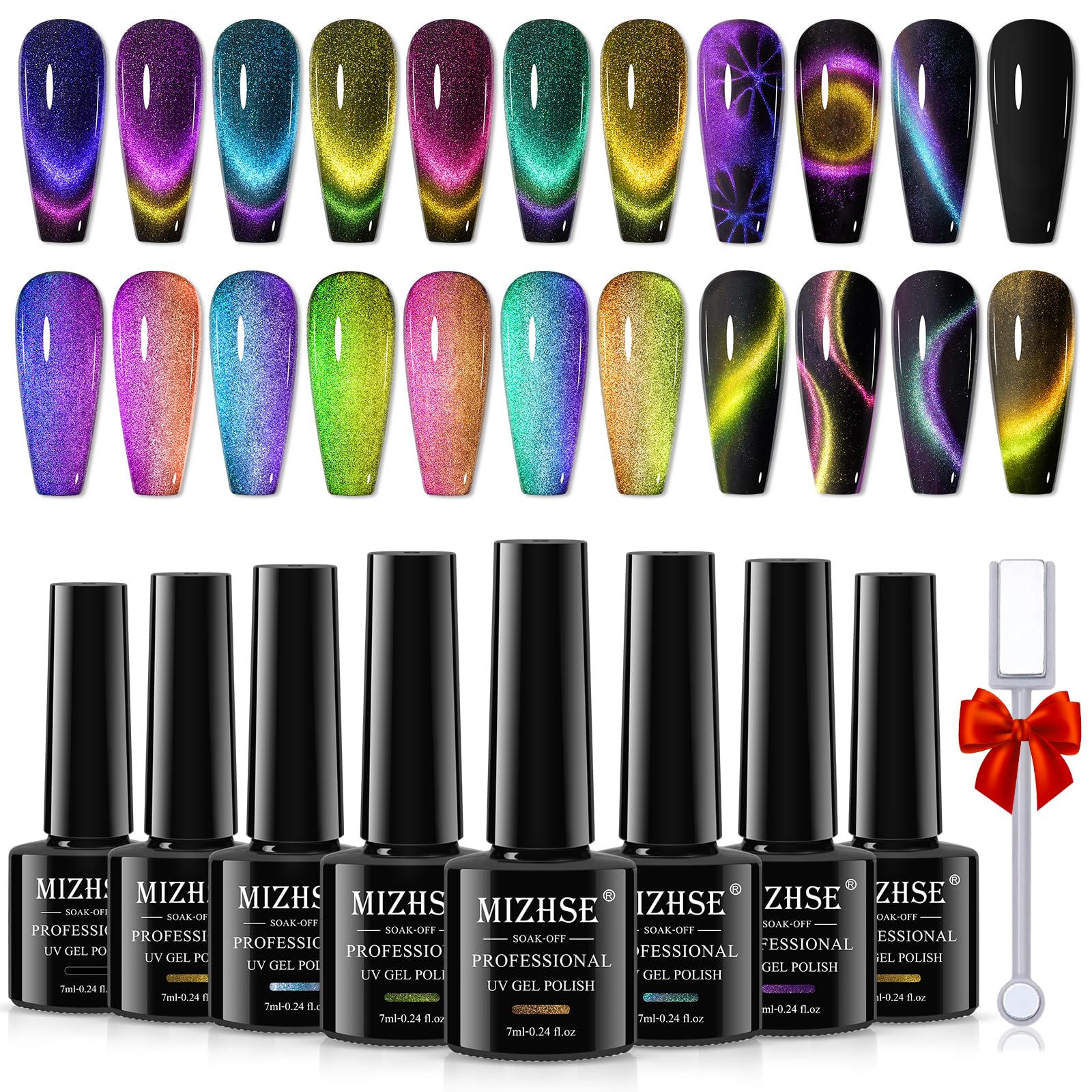 Mizhse 9D Cat Eye Gel Nail Polish, 8 Colors Upgraded Magnetic Gel Polish Kit With Magnet Stick, Galaxy Chameleon Effect Silky Ca