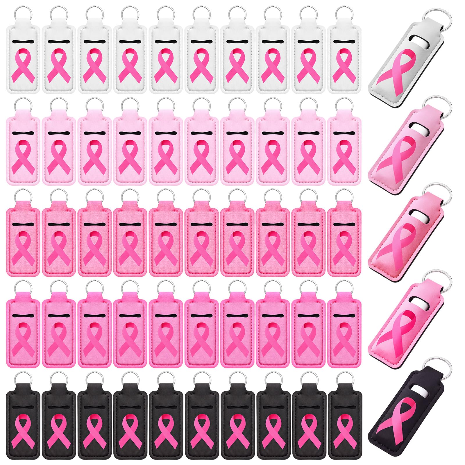 Dansydaisy 50 Pcs Pink Ribbon Lipstick Holder Bulk Breast Cancer Lip Balm Holder Keychain Lipstick Holders for Women Ladie (Mixe