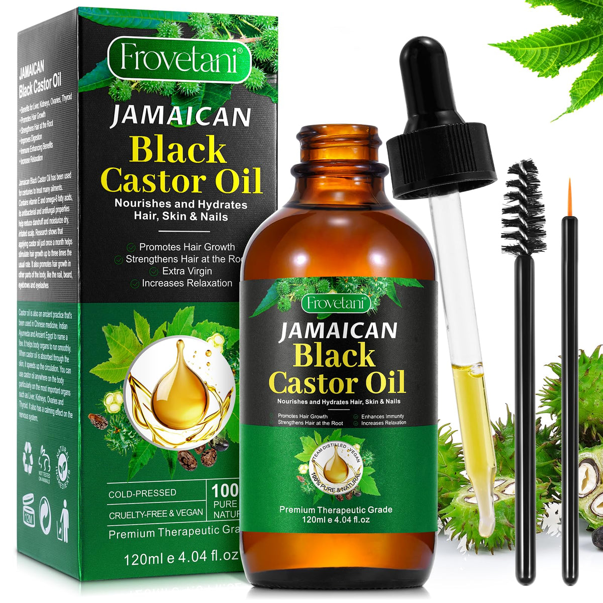 120ML Jamaican Black Castor Oil, Organic Castor Oil for Hair Growth, Cold Press Unrefined, Thicker Eyelashes and Eyebrows, Massa