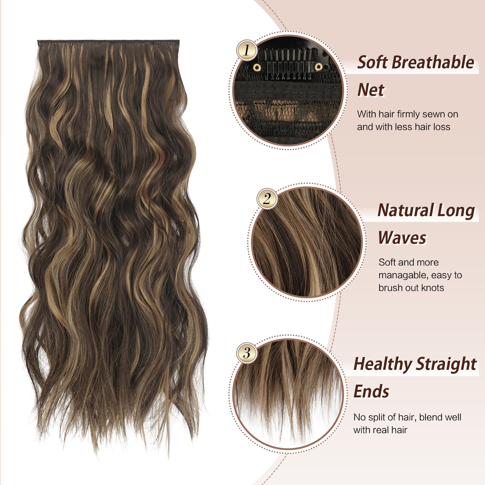 FESHFEN Clip in Hair Extensions - 4 PCS Long Wavy Clip in Hairpieces Full Head Synthetic Hair Extension for Women, 20 Inch Brown