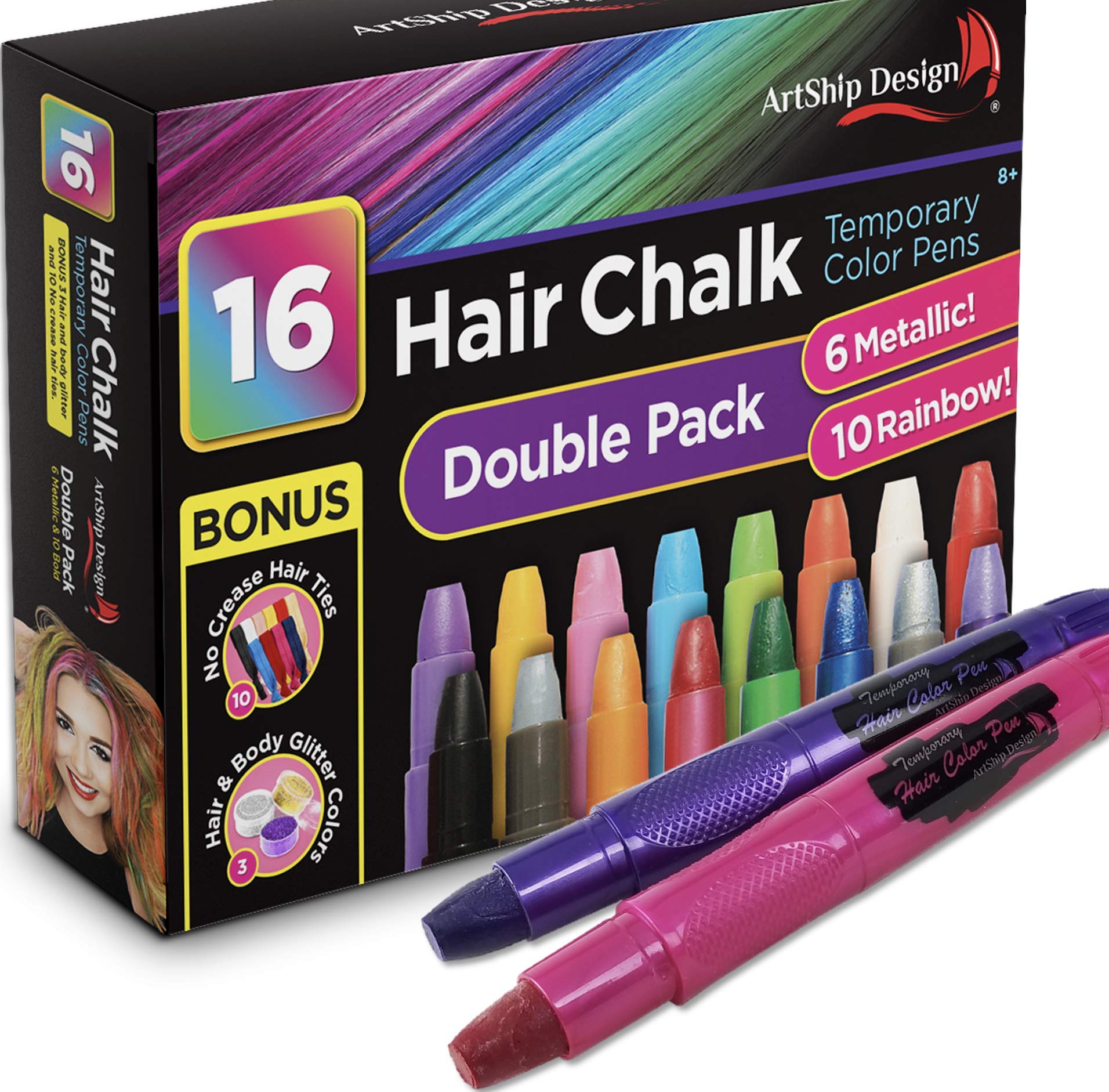 Hair Chalk 16 Colors with 6 Glitter Colors Temporary Hair Color Pens with Glitter and Creaseless Hair Ties