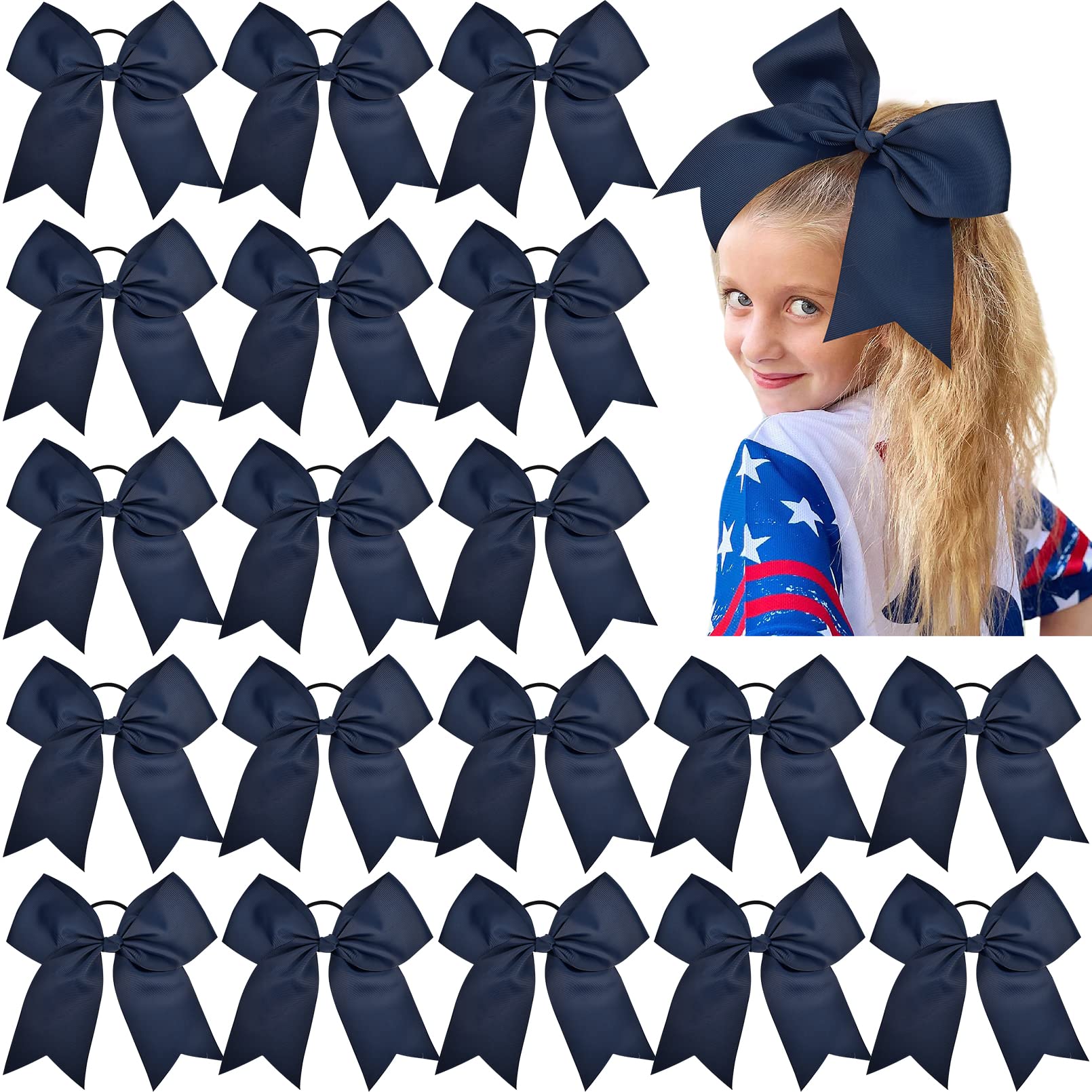 18PCS 8'' Large Cheer Bow Navy Blue Ponytail Holder Elastic Band Hair Ties Hair Bow Accessories for Cheerleading Teen Girls High
