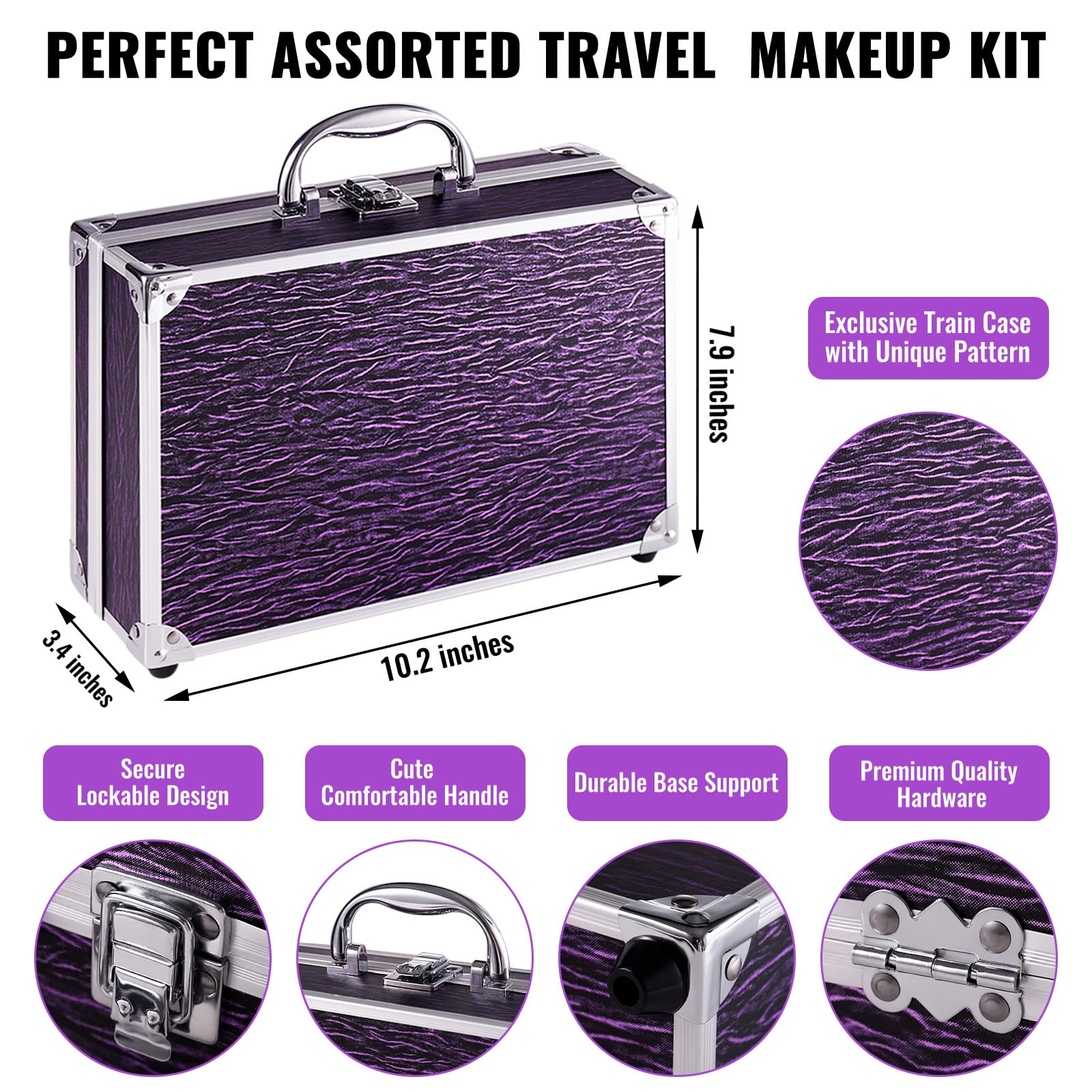CHARMCODE Makeup Kit for Teen Girls & Women, Purple Train Case with Full Cosmetic Set, Includes Eyeshadow, Lipgloss, Blush & More