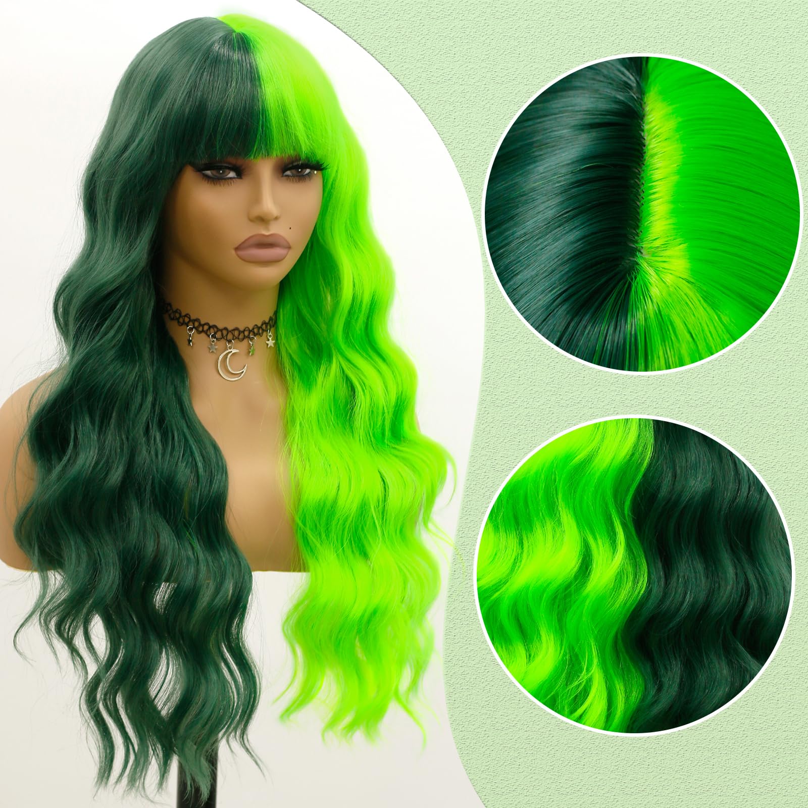 Evlynn Green Body Wavy Wigs With Air Bangs Half And Half Green Wig Cap For Women Long Curly Heat Resistant Synthetic Green Wig F