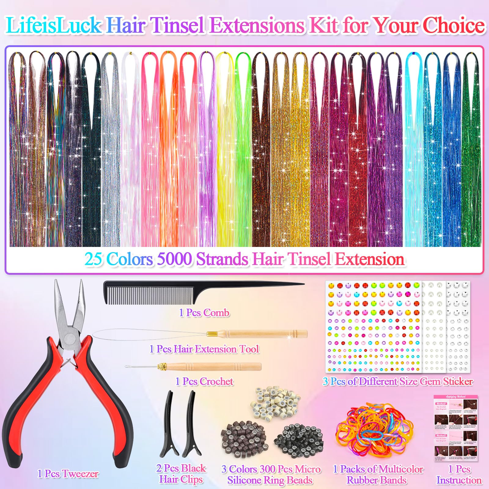 25 Colors Fairy Hair Tinsel Kit 5000 Hair Glitter Strands 48 Inch Heat Resistant Tinsel Hair Extensions Sparkling Shiny Highligh